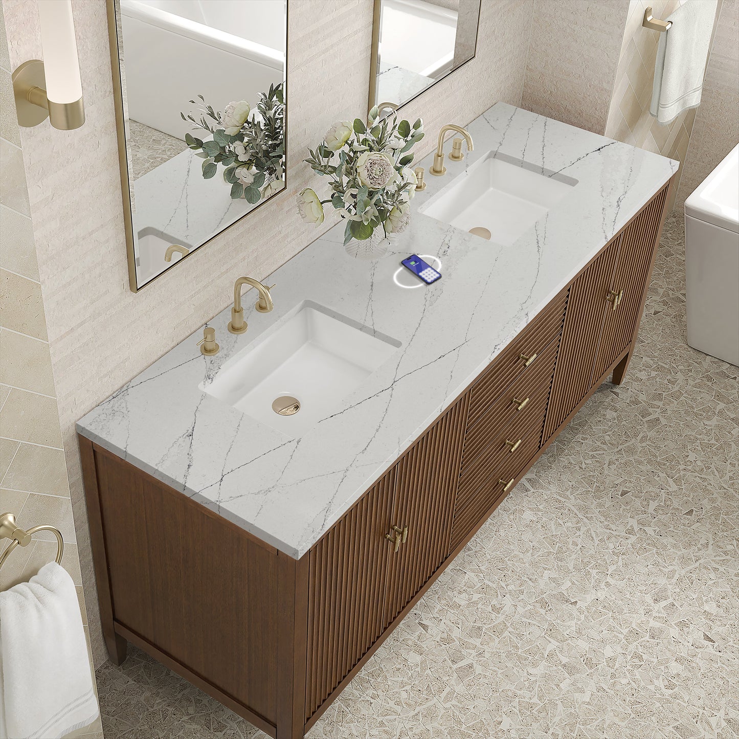 
                  
                    Myrrin 72" Double Vanity in Mid-Century Walnut Double bathroom Vanity James Martin Vanities FreePower-Enabled Ethereal Noctis Silestone 
                  
                