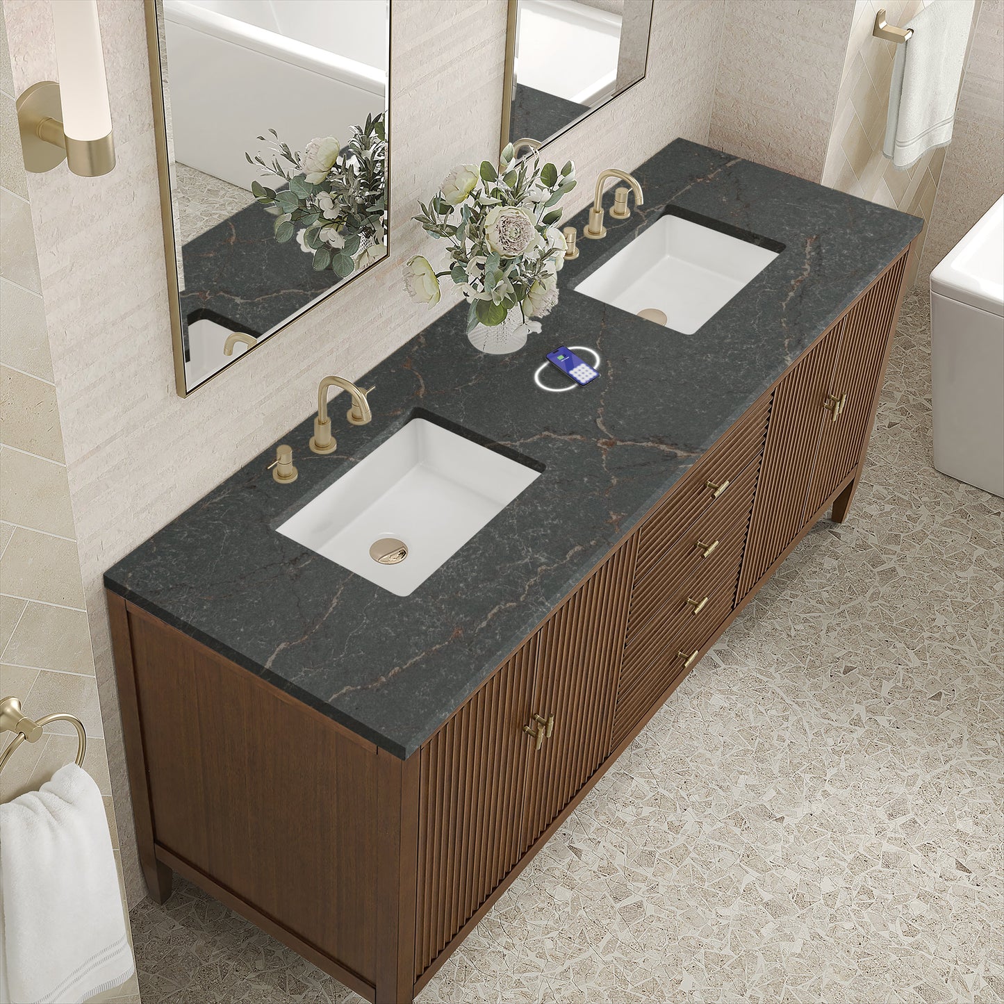 
                  
                    Myrrin 72" Double Vanity in Mid-Century Walnut Double bathroom Vanity James Martin Vanities FreePower-Enabled Parisien Bleu Silestone 
                  
                