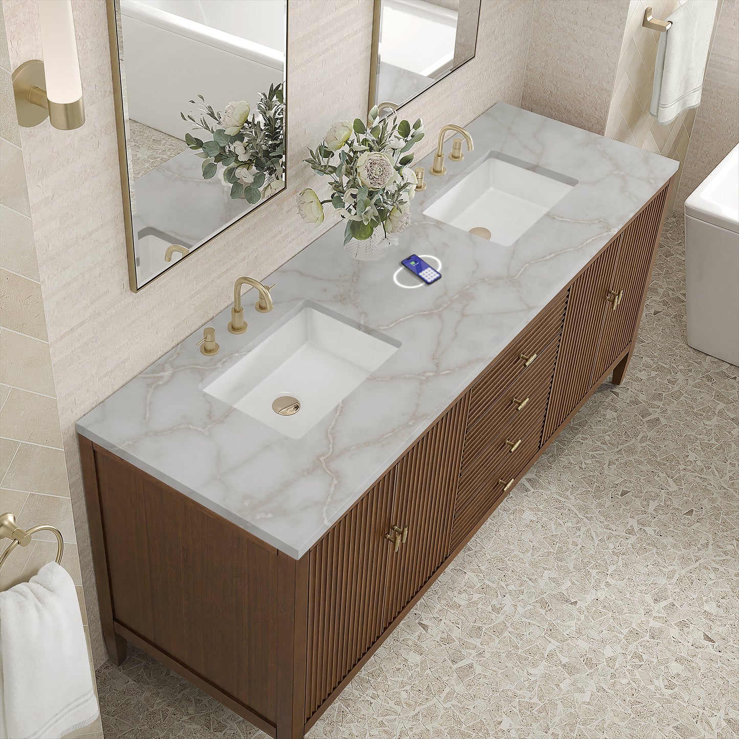 
                  
                    Myrrin 72" Double Vanity in Mid-Century Walnut Double bathroom Vanity James Martin Vanities FreePower-Enabled Victorian Silver Silestone 
                  
                