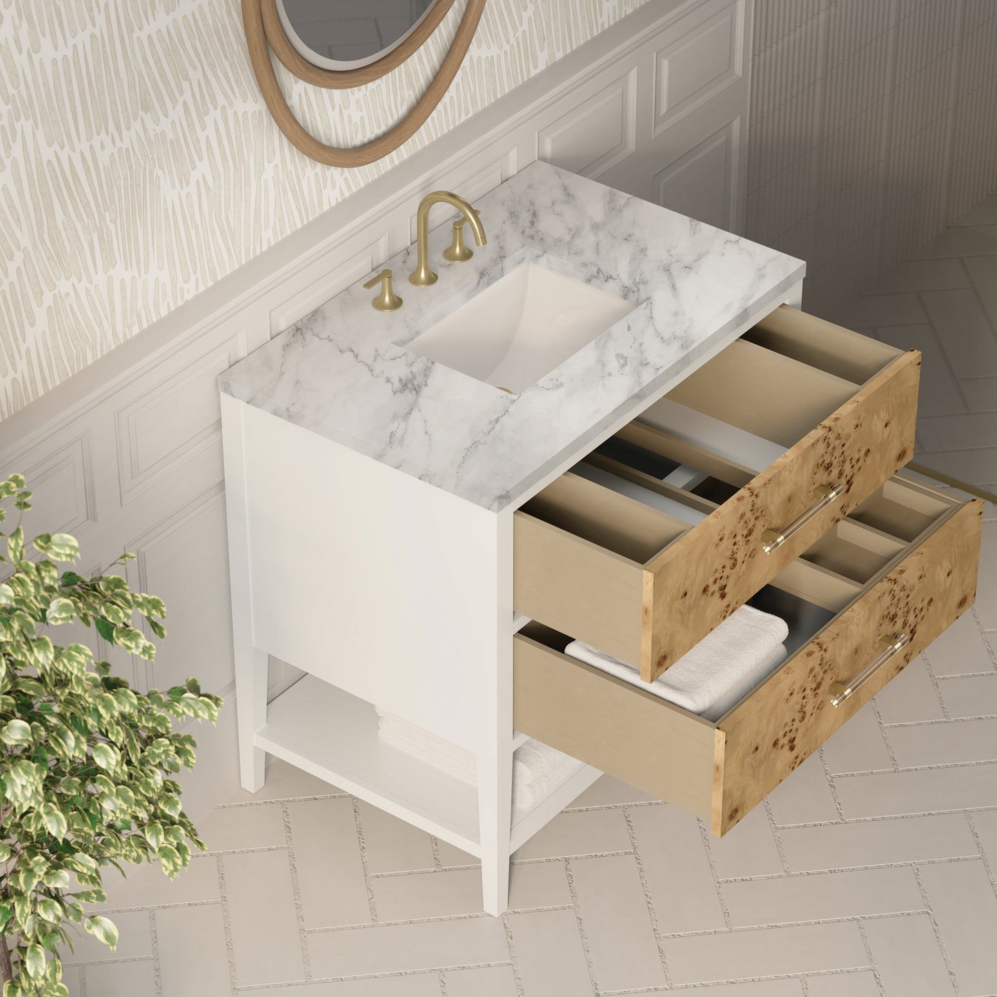 
                  
                    Olena 36" Single Vanity in Light Mappa Burl with Polished White Frame Single Bathroom Vanity James Martin Vanities Carrara White Marble 
                  
                