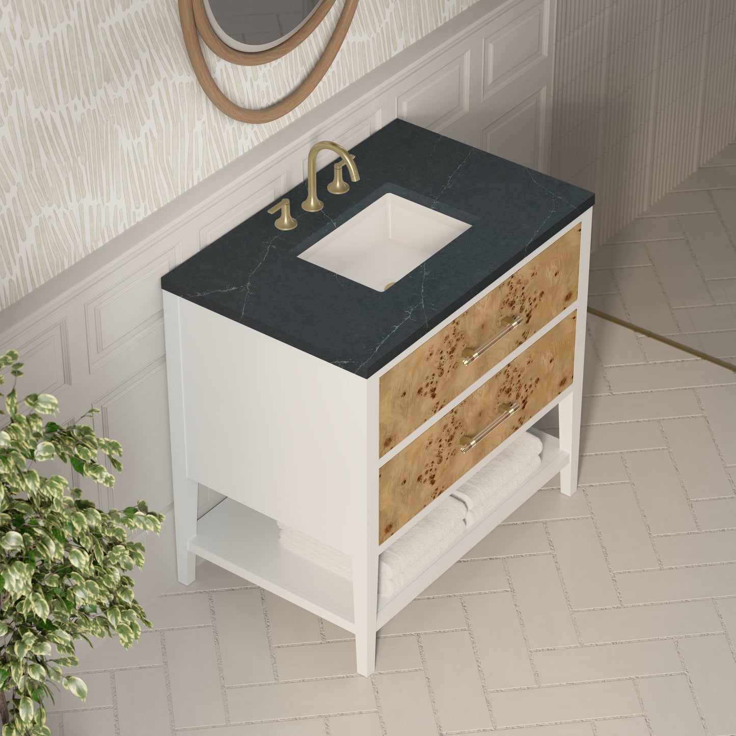 
                  
                    Olena 36" Single Vanity in Light Mappa Burl with Polished White Frame Single Bathroom Vanity James Martin Vanities Charcoal Soapstone Silestone 
                  
                