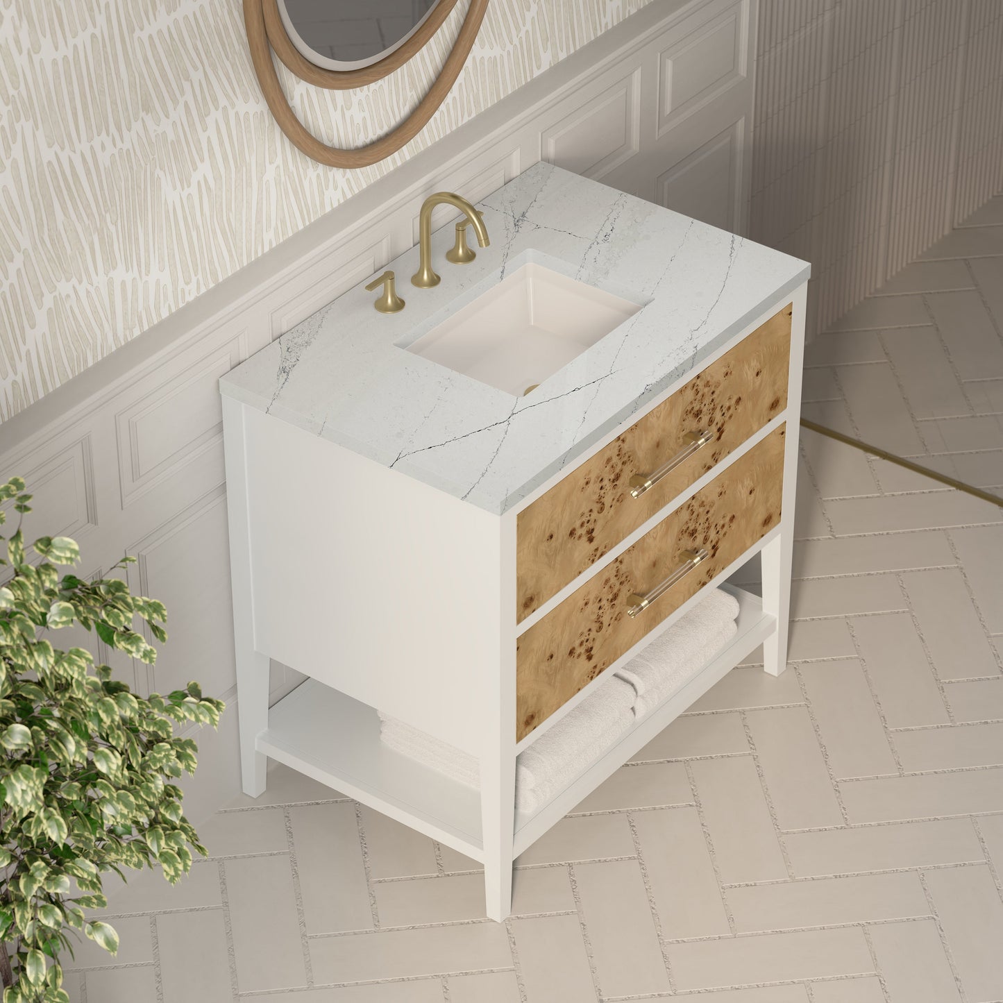 
                  
                    Olena 36" Single Vanity in Light Mappa Burl with Polished White Frame Single Bathroom Vanity James Martin Vanities Ethereal Noctis Silestone 
                  
                