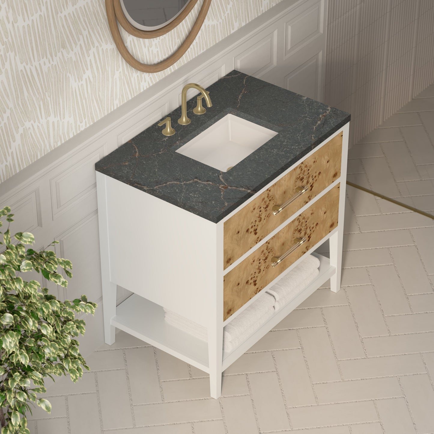 
                  
                    Olena 36" Single Vanity in Light Mappa Burl with Polished White Frame Single Bathroom Vanity James Martin Vanities Parisien Bleu Silestone 
                  
                