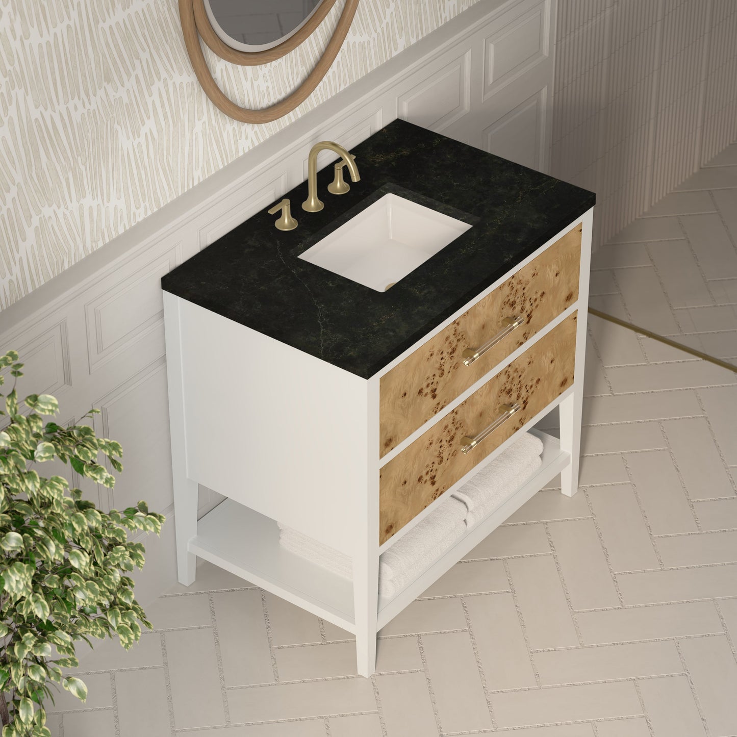 
                  
                    Olena 36" Single Vanity in Light Mappa Burl with Polished White Frame Single Bathroom Vanity James Martin Vanities Phantome Eclos 
                  
                