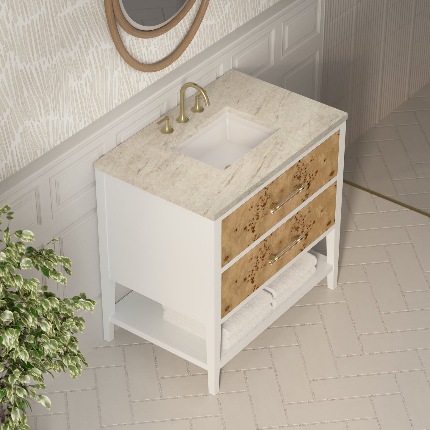 
                  
                    Olena 36" Single Vanity in Light Mappa Burl with Polished White Frame Single Bathroom Vanity James Martin Vanities Tajnar Eclos 
                  
                