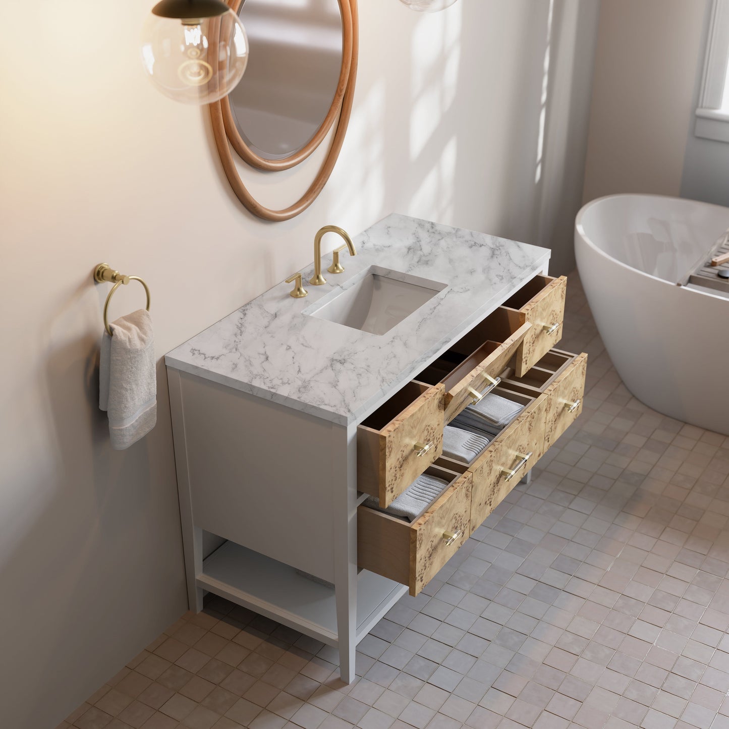 
                  
                    Olena 48" Single Vanity in Light Mappa Burl with Polished White Frame James Martin Vanities Carrara White Marble 
                  
                