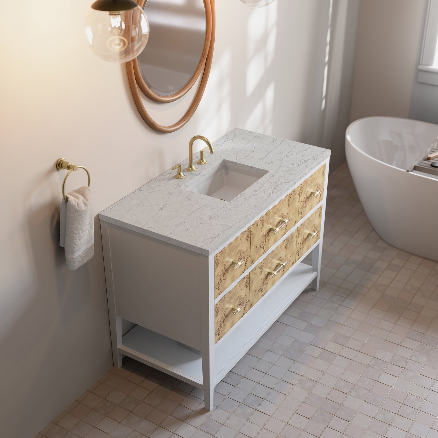 
                  
                    Olena 48" Single Vanity in Light Mappa Burl with Polished White Frame James Martin Vanities Eternal Jasmine Pearl Silestone 
                  
                