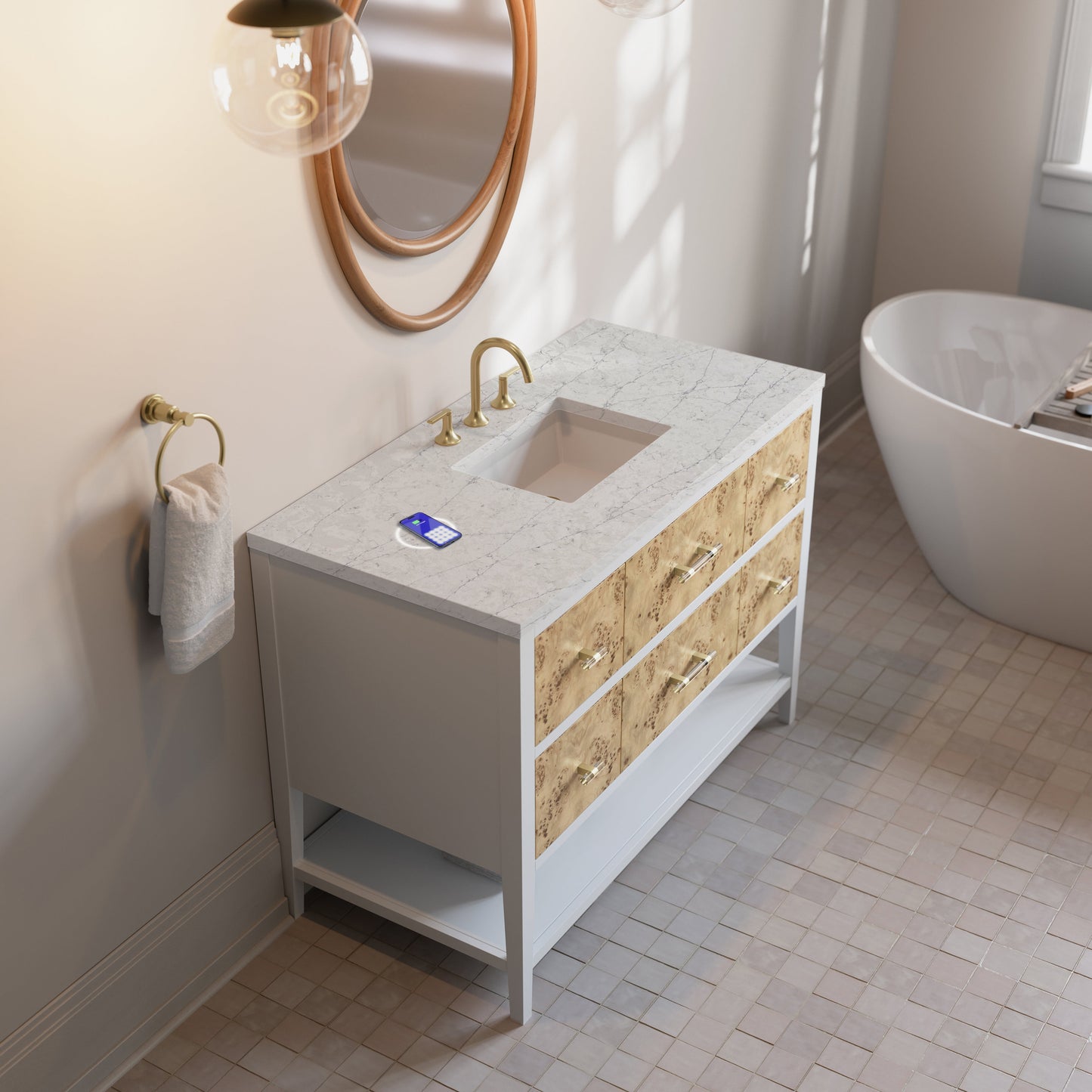 
                  
                    Olena 48" Single Vanity in Light Mappa Burl with Polished White Frame James Martin Vanities FreePower-Enabled Eternal Jasmine Pearl Silestone 
                  
                