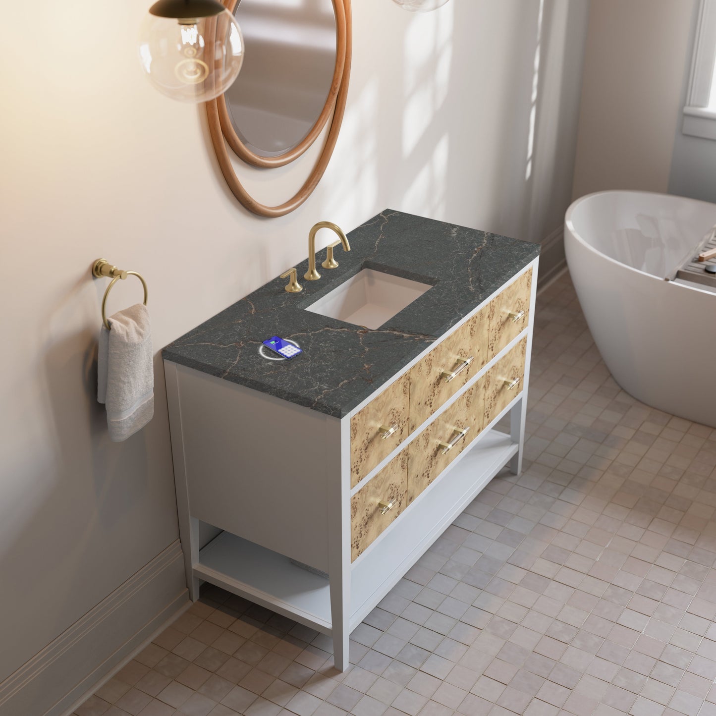 
                  
                    Olena 48" Single Vanity in Light Mappa Burl with Polished White Frame James Martin Vanities FreePower-Enabled Parisien Bleu Silestone 
                  
                