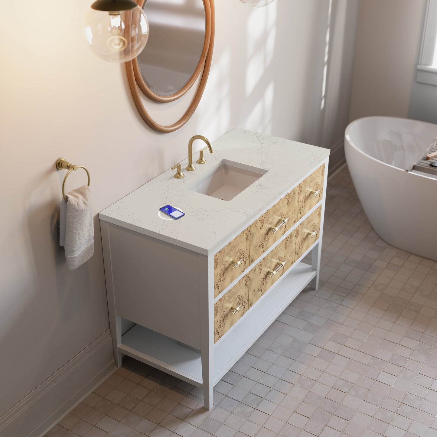 
                  
                    Olena 48" Single Vanity in Light Mappa Burl with Polished White Frame James Martin Vanities FreePower-Enabled Siberian Silestone 
                  
                
