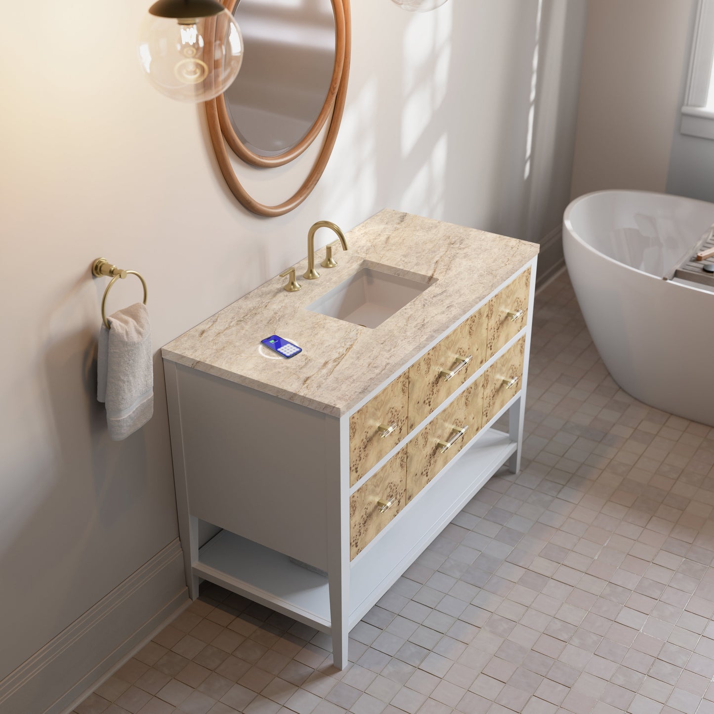 
                  
                    Olena 48" Single Vanity in Light Mappa Burl with Polished White Frame James Martin Vanities FreePower-Enabled Tajnar Eclos 
                  
                