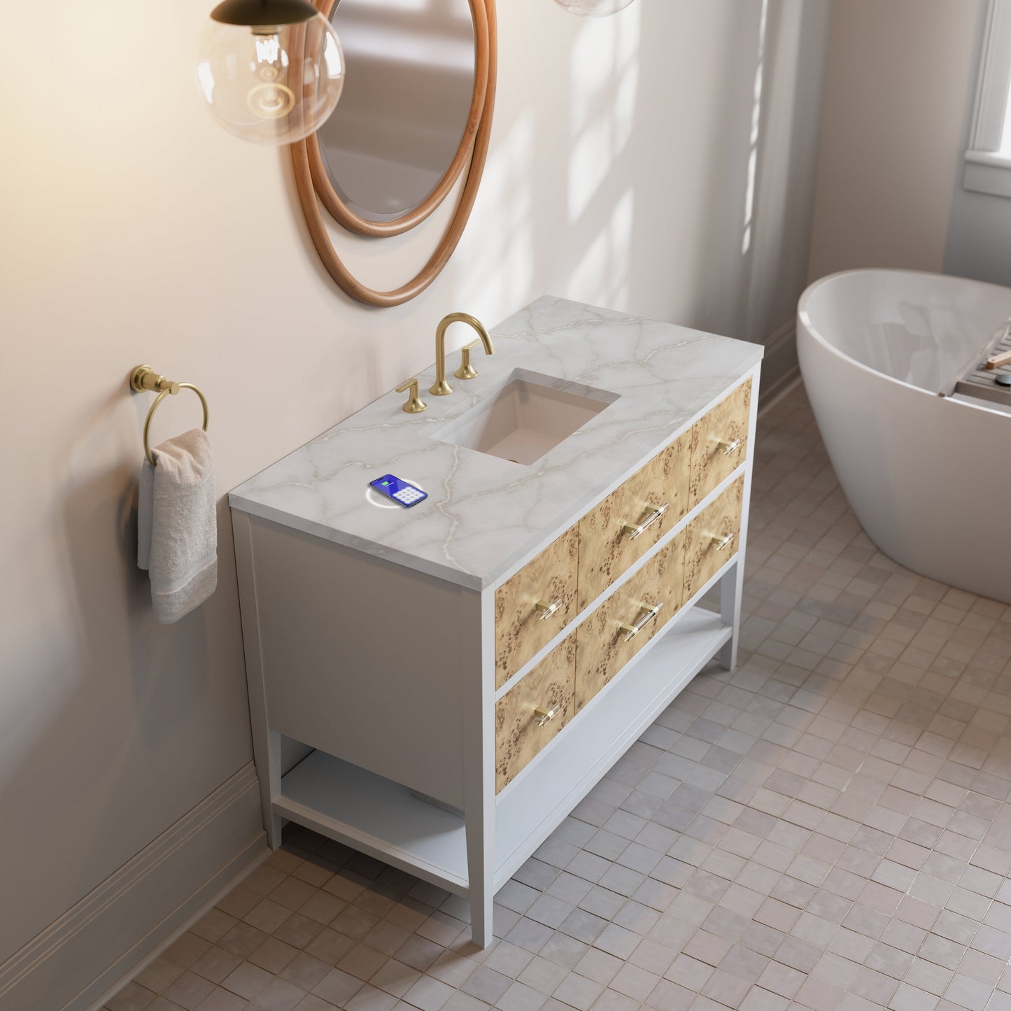 
                  
                    Olena 48" Single Vanity in Light Mappa Burl with Polished White Frame James Martin Vanities FreePower-Enabled Victorian Silver Silestone 
                  
                