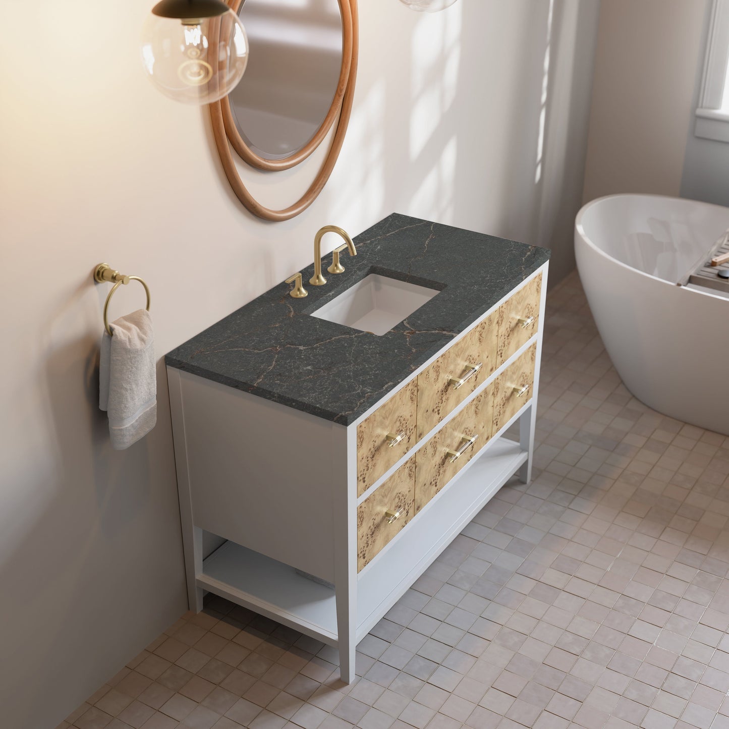 
                  
                    Olena 48" Single Vanity in Light Mappa Burl with Polished White Frame James Martin Vanities Parisien Bleu Silestone 
                  
                