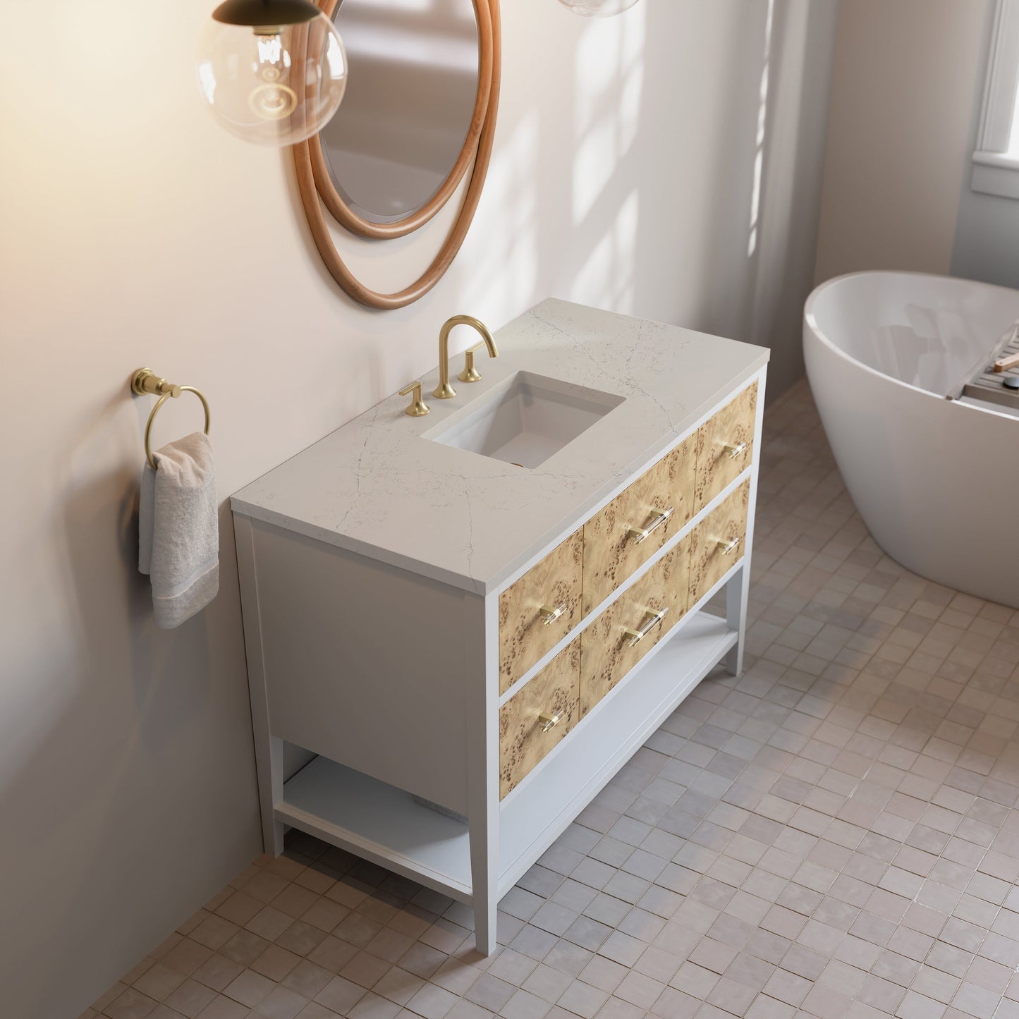 
                  
                    Olena 48" Single Vanity in Light Mappa Burl with Polished White Frame James Martin Vanities Siberian Silestone 
                  
                