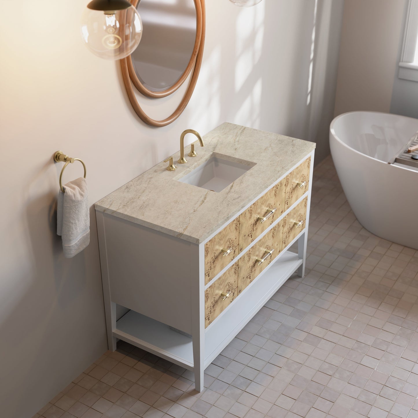 
                  
                    Olena 48" Single Vanity in Light Mappa Burl with Polished White Frame James Martin Vanities Tajnar Eclos 
                  
                