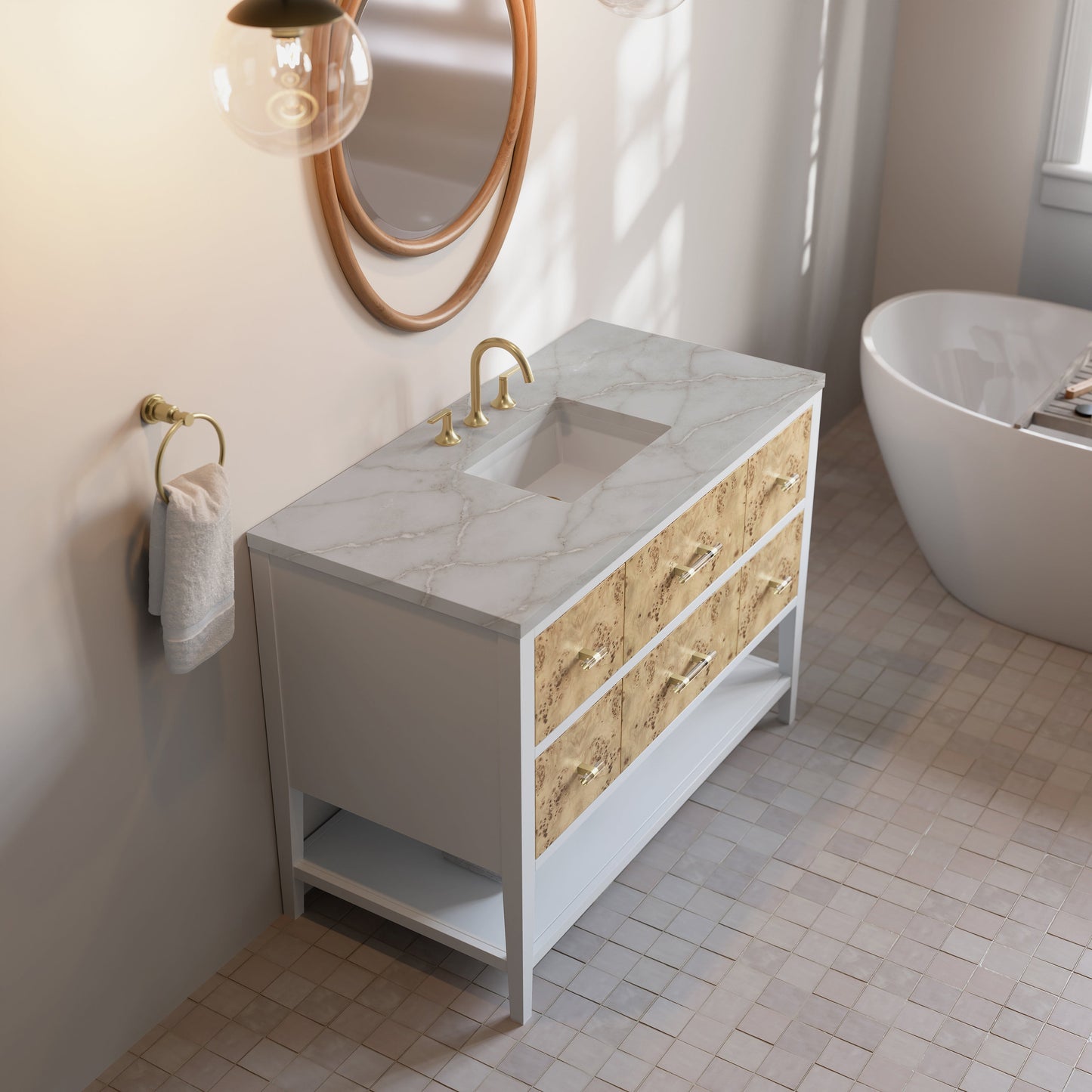 
                  
                    Olena 48" Single Vanity in Light Mappa Burl with Polished White Frame James Martin Vanities Victorian Silver Silestone 
                  
                