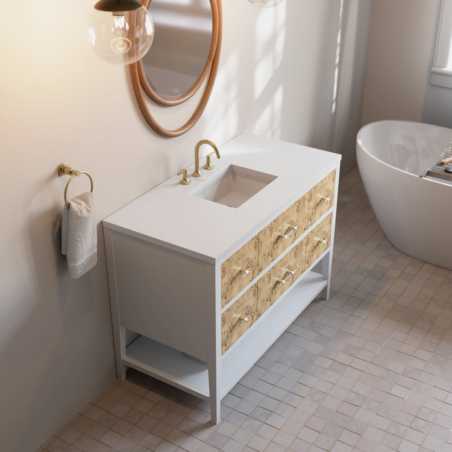 
                  
                    Olena 48" Single Vanity in Light Mappa Burl with Polished White Frame James Martin Vanities White Zeus Silestone 
                  
                