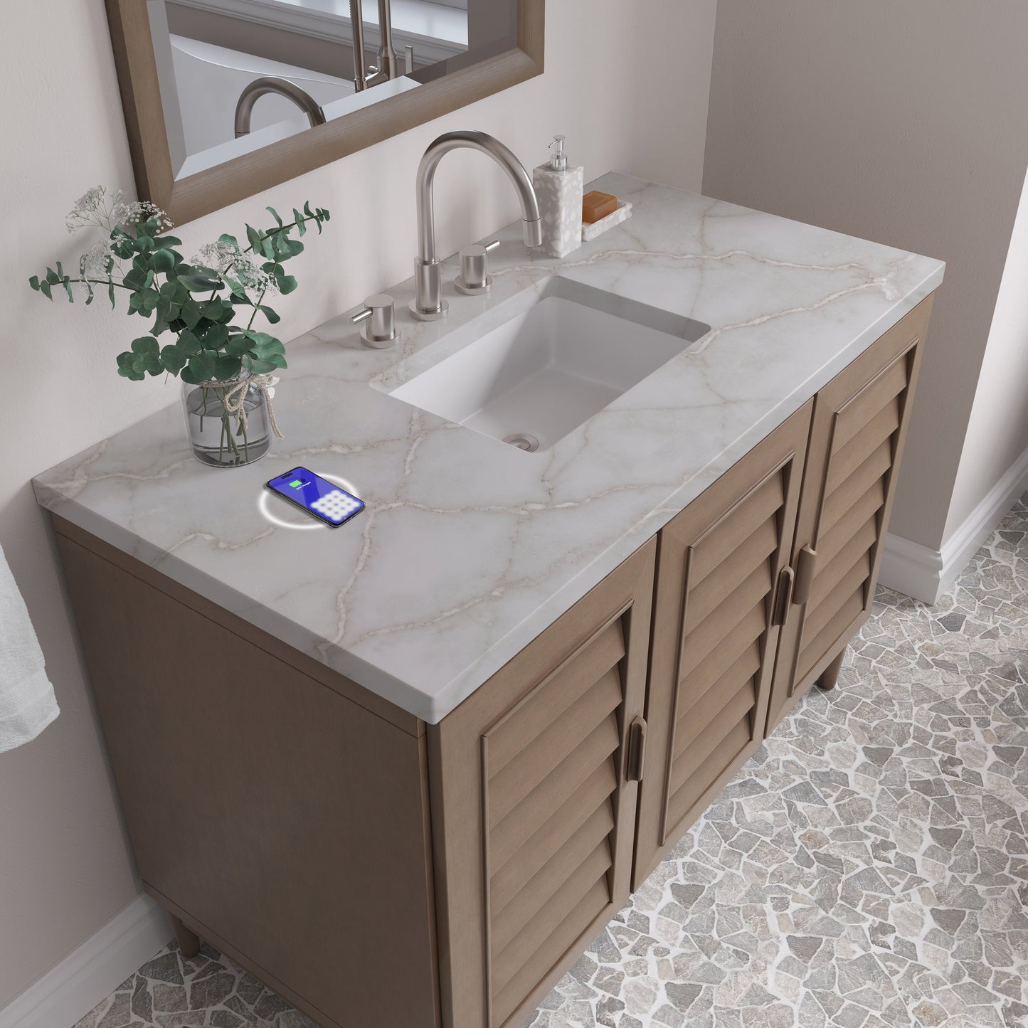 
                  
                    Portland 48" Single Bathroom Vanity in Whitewashed Walnut Single Bathroom Vanity James Martin Vanities FreePower-Enabled Victorian Silver Silestone 
                  
                