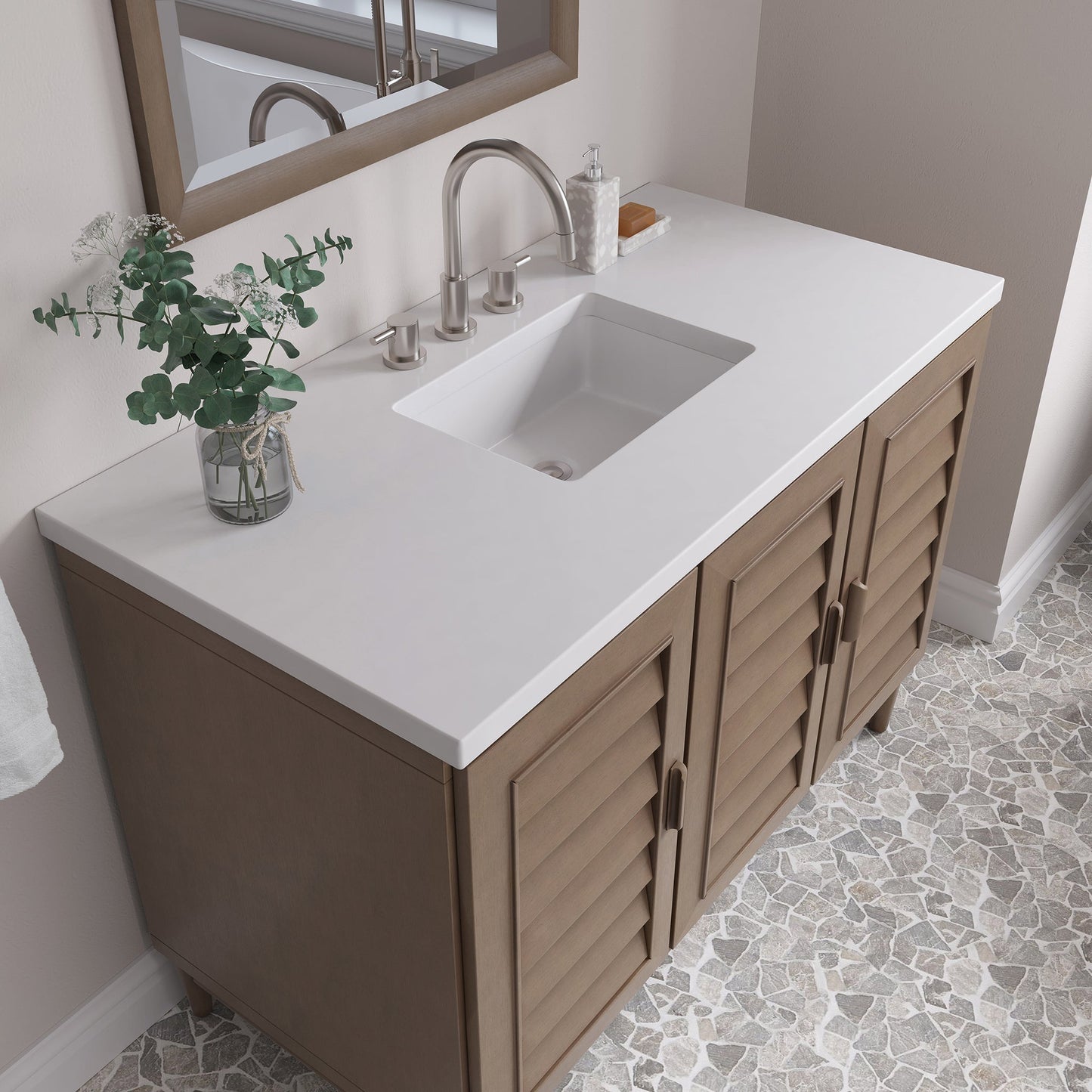 
                  
                    Portland 48" Single Bathroom Vanity in Whitewashed Walnut Single Bathroom Vanity James Martin Vanities White Zeus Silestone 
                  
                