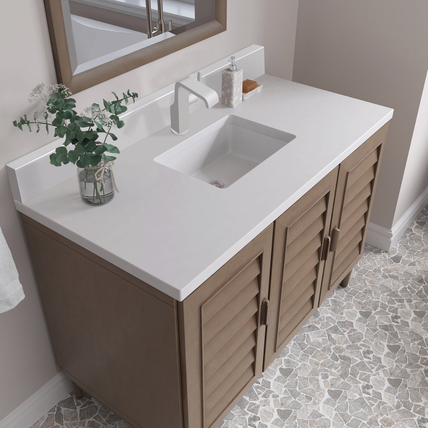
                  
                    Portland 48" Single Bathroom Vanity in Whitewashed Walnut Single Bathroom Vanity James Martin Vanities White Zeus Silestone Single-Hole Faucet Top w/Backsplash 
                  
                
