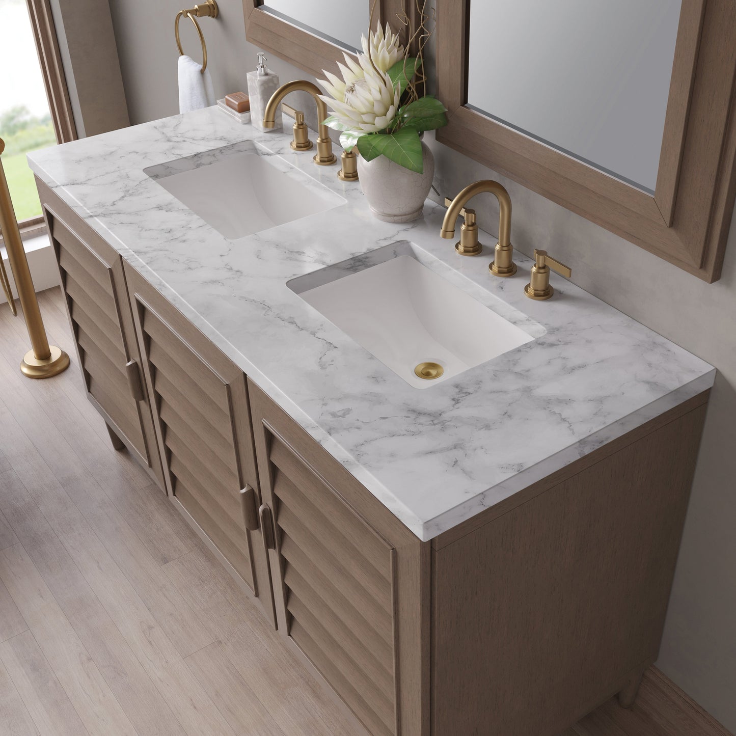 
                  
                    Portland 60" Double Bathroom Vanity in Whitewashed Walnut Double bathroom Vanity James Martin Vanities Carrara White Marble 
                  
                