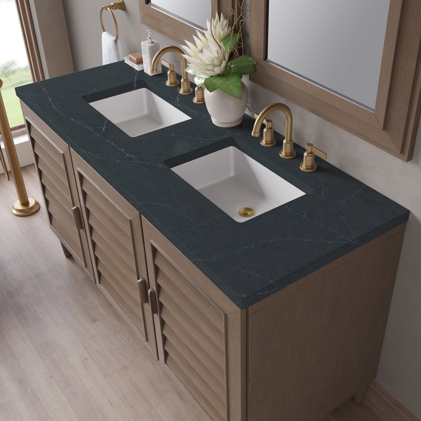 
                  
                    Portland 60" Double Bathroom Vanity in Whitewashed Walnut Double bathroom Vanity James Martin Vanities Charcoal Soapstone Silestone 
                  
                