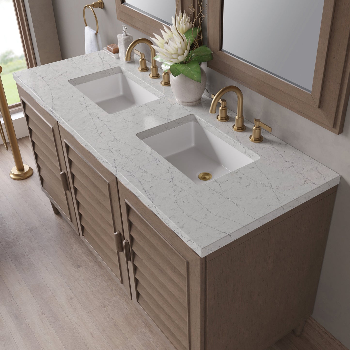 
                  
                    Portland 60" Double Bathroom Vanity in Whitewashed Walnut Double bathroom Vanity James Martin Vanities Eternal Jasmine Pearl Silestone 
                  
                