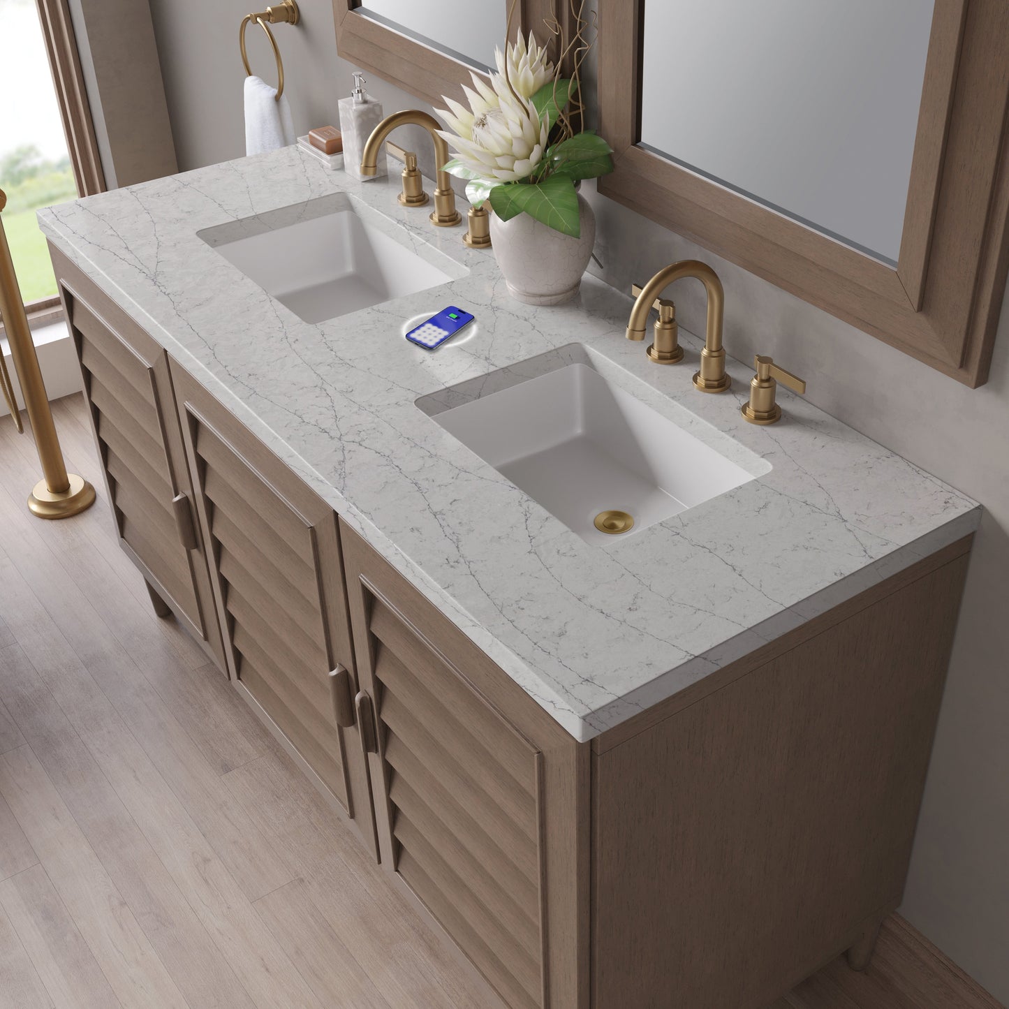 
                  
                    Portland 60" Double Bathroom Vanity in Whitewashed Walnut Double bathroom Vanity James Martin Vanities FreePower-Enabled Eternal Jasmine Pearl Silestone 
                  
                