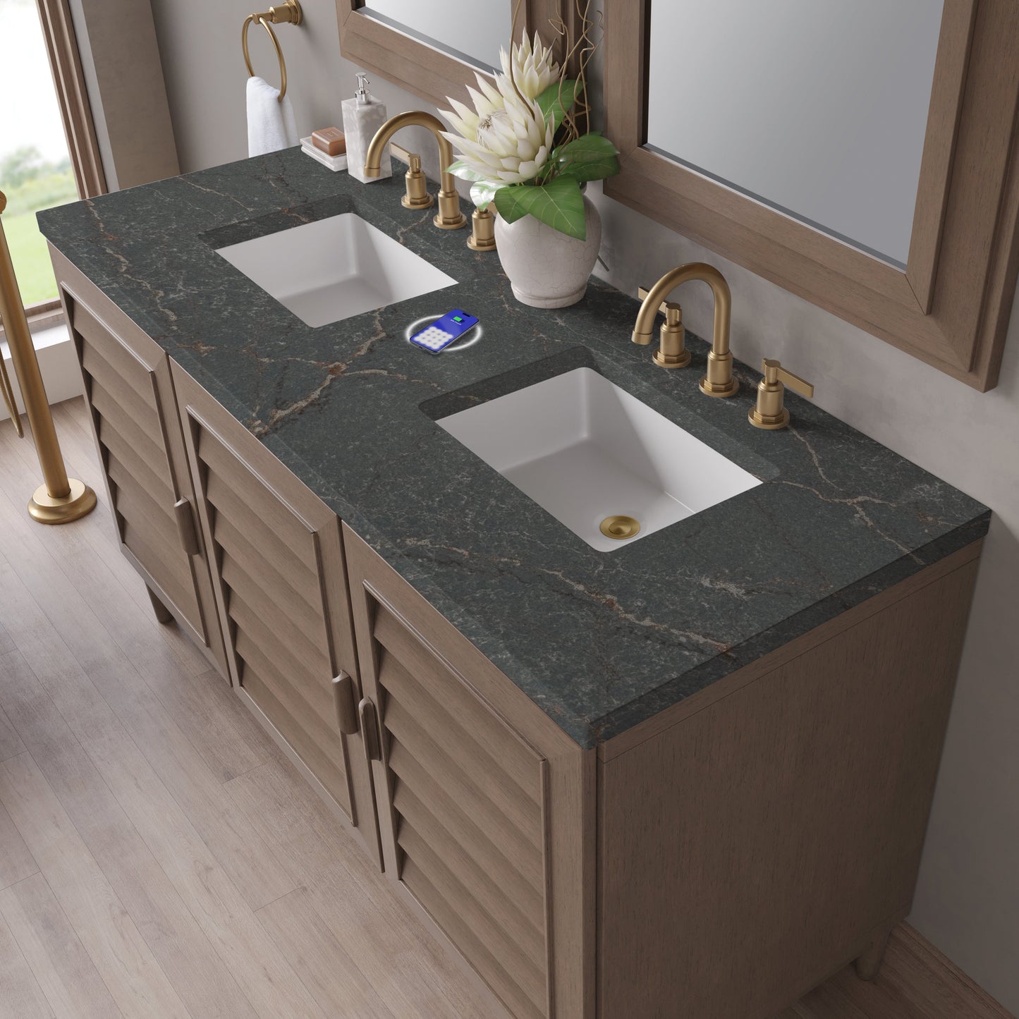 
                  
                    Portland 60" Double Bathroom Vanity in Whitewashed Walnut Double bathroom Vanity James Martin Vanities FreePower-Enabled Parisien Bleu Silestone 
                  
                