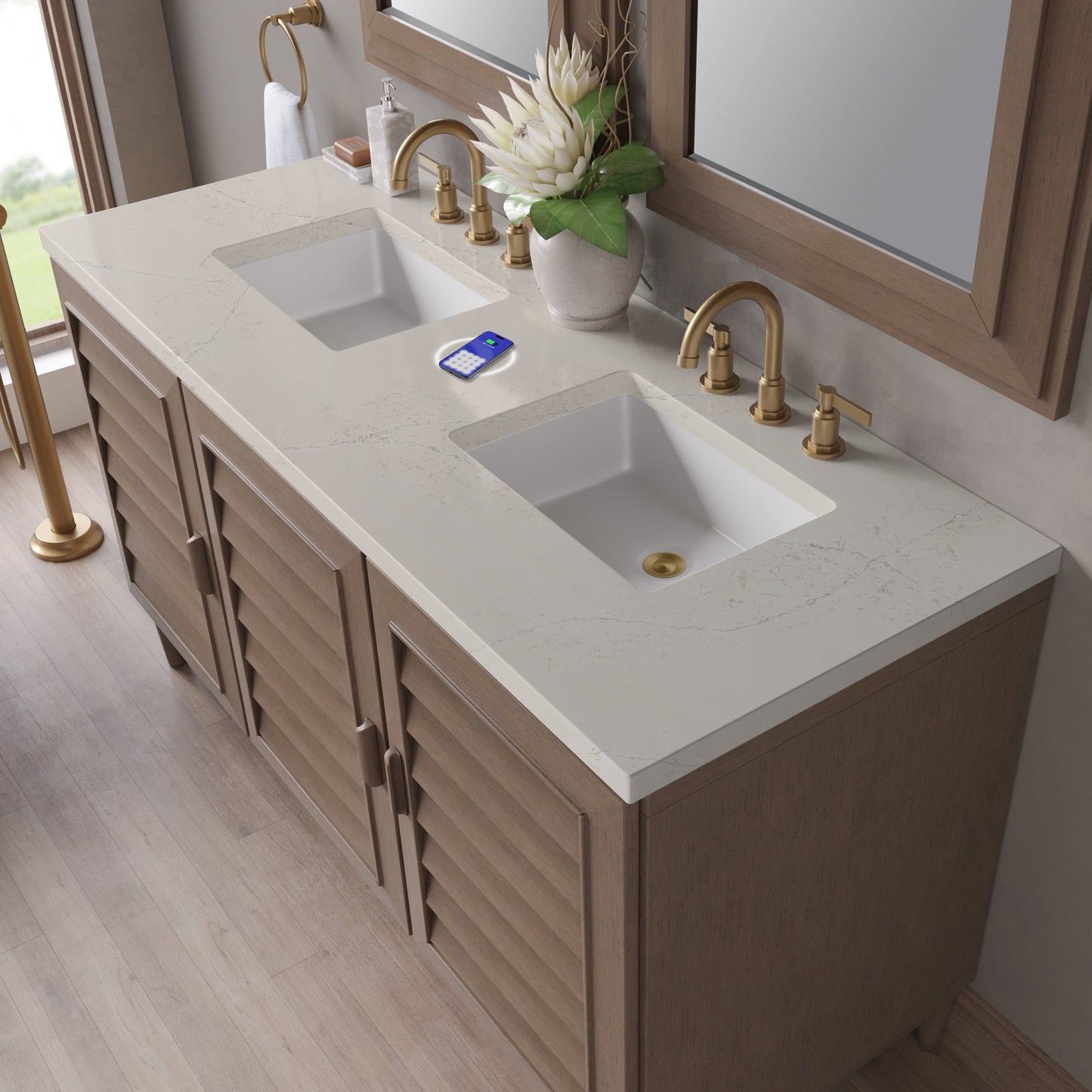 
                  
                    Portland 60" Double Bathroom Vanity in Whitewashed Walnut Double bathroom Vanity James Martin Vanities FreePower-Enabled Siberian Silestone 
                  
                
