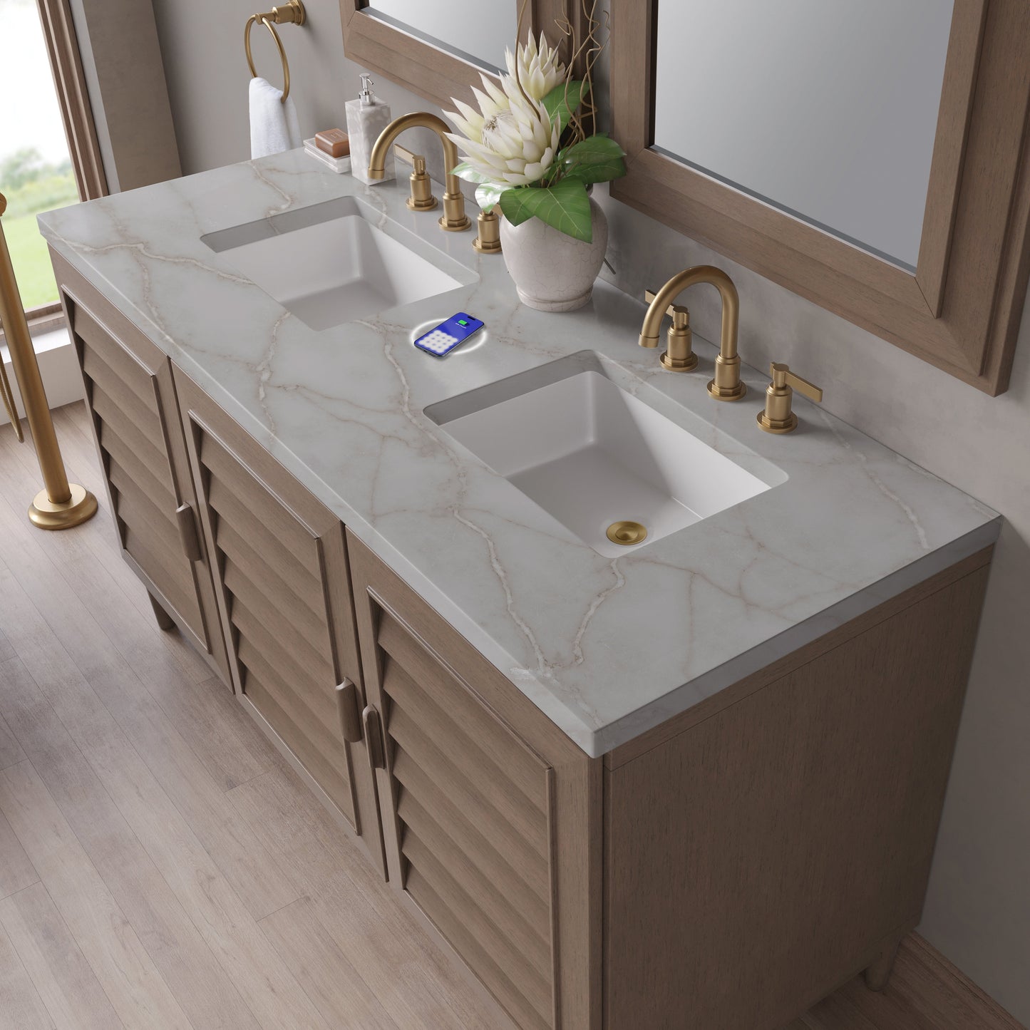 
                  
                    Portland 60" Double Bathroom Vanity in Whitewashed Walnut Double bathroom Vanity James Martin Vanities FreePower-Enabled Victorian Silver Silestone 
                  
                