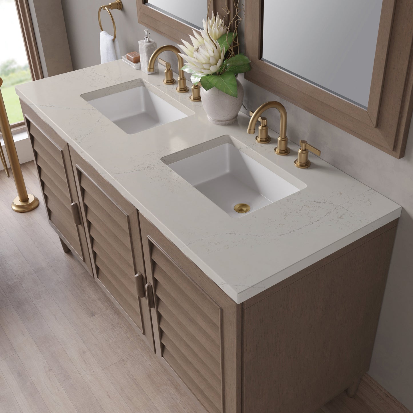 
                  
                    Portland 60" Double Bathroom Vanity in Whitewashed Walnut Double bathroom Vanity James Martin Vanities Siberian Silestone 
                  
                