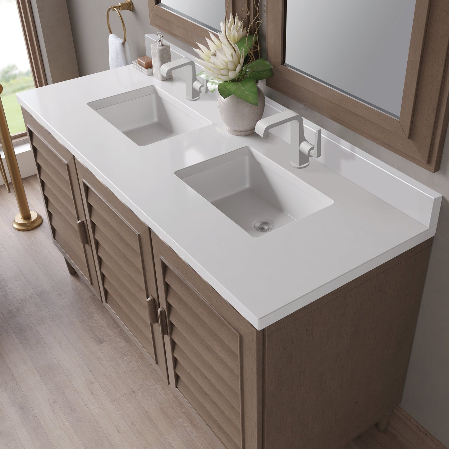 
                  
                    Portland 60" Double Bathroom Vanity in Whitewashed Walnut Double bathroom Vanity James Martin Vanities White Zeus Silestone Single-Hole Faucet Top w/Backsplash 
                  
                