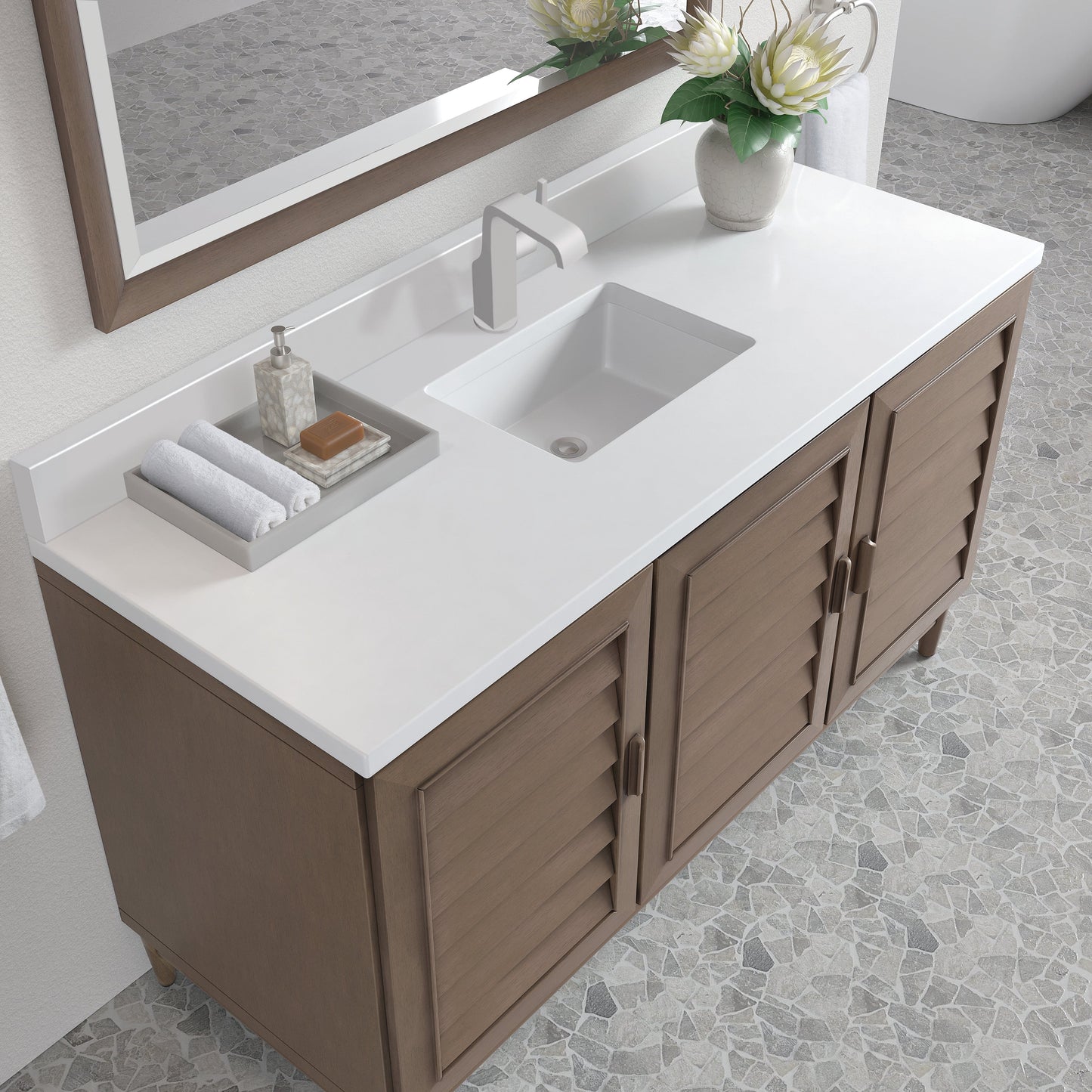 
                  
                    Portland 60" Single Bathroom Vanity in Whitewashed Walnut Single Bathroom Vanity James Martin Vanities White Zeus Silestone Single-Hole Faucet Top w/Backsplash 
                  
                