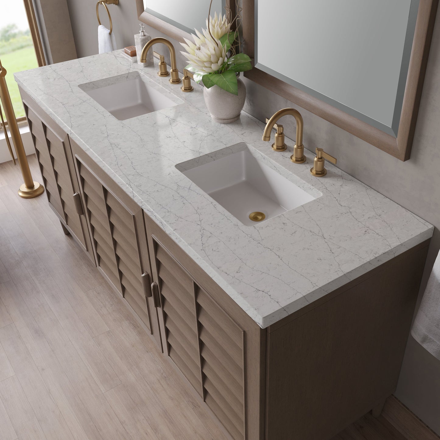 
                  
                    Portland 72" Double Bathroom Vanity in Whitewashed Walnut Double bathroom Vanity James Martin Vanities Eternal Pearl Jasmine Silestone 
                  
                