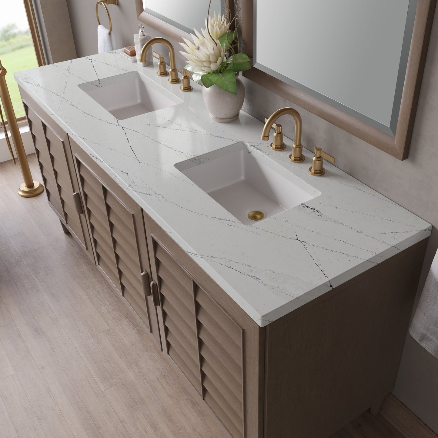
                  
                    Portland 72" Double Bathroom Vanity in Whitewashed Walnut Double bathroom Vanity James Martin Vanities Ethereal Noctis Silestone 
                  
                