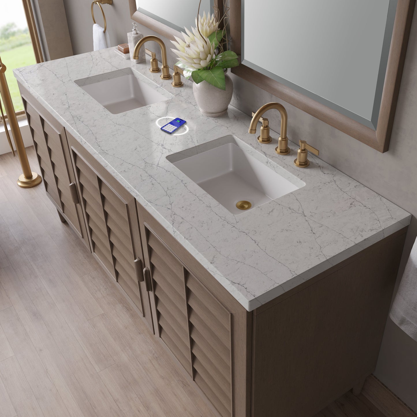 
                  
                    Portland 72" Double Bathroom Vanity in Whitewashed Walnut Double bathroom Vanity James Martin Vanities FreePower-Enabled Eternal Jasmine Pearl Silestone 
                  
                
