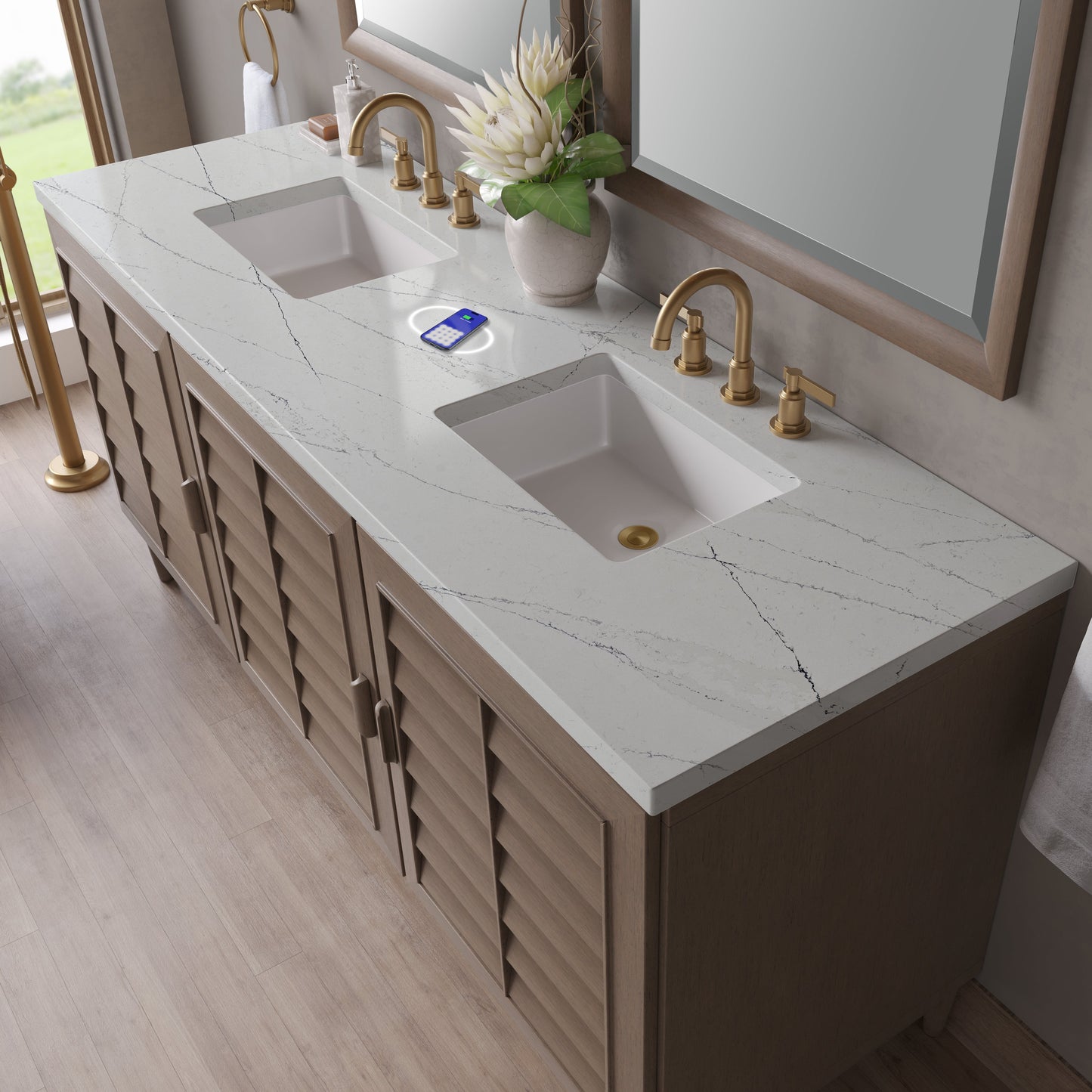 
                  
                    Portland 72" Double Bathroom Vanity in Whitewashed Walnut Double bathroom Vanity James Martin Vanities FreePower-Enabled Ethereal Noctis Silestone 
                  
                