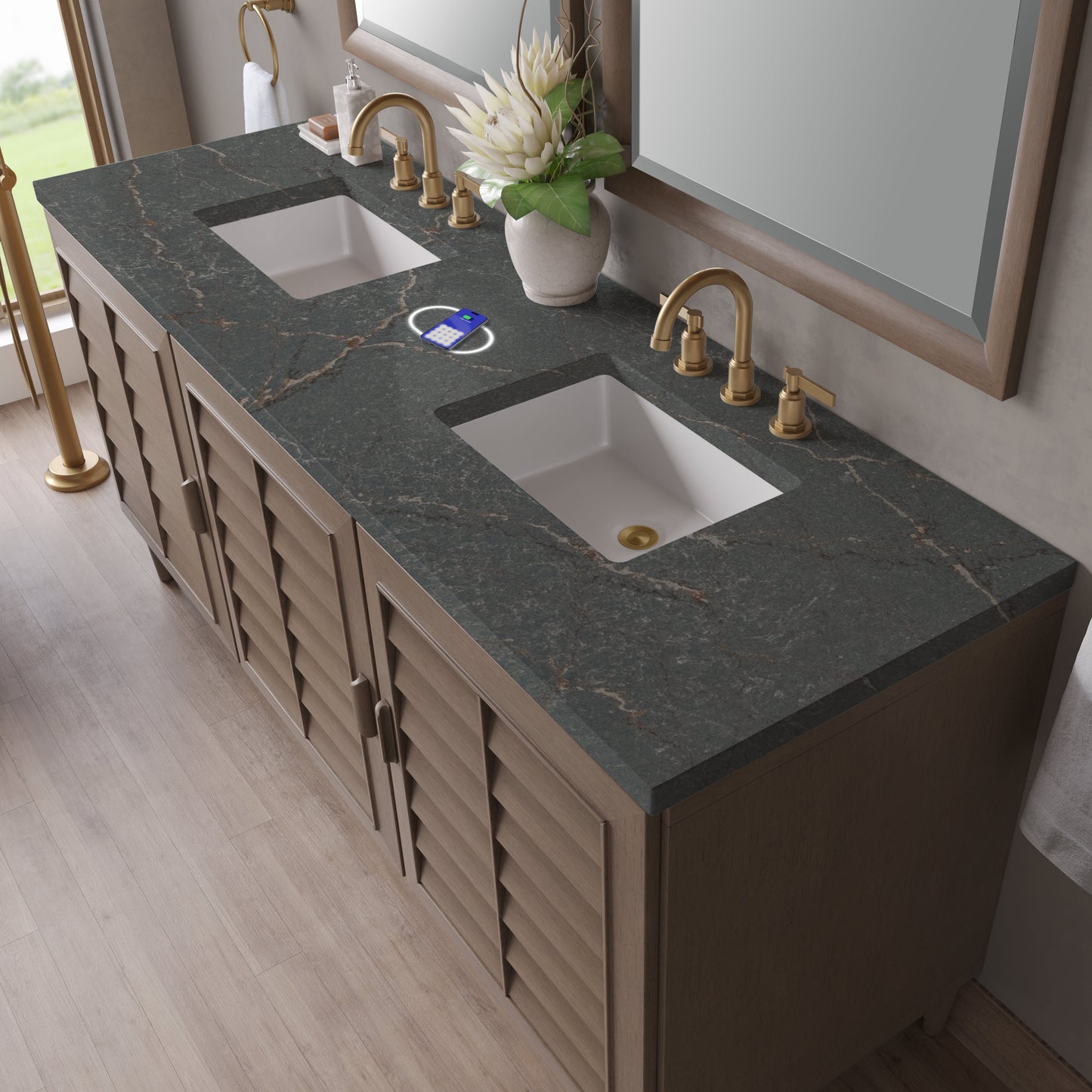 
                  
                    Portland 72" Double Bathroom Vanity in Whitewashed Walnut Double bathroom Vanity James Martin Vanities FreePower-Enabled Parisien Bleu Silestone 
                  
                