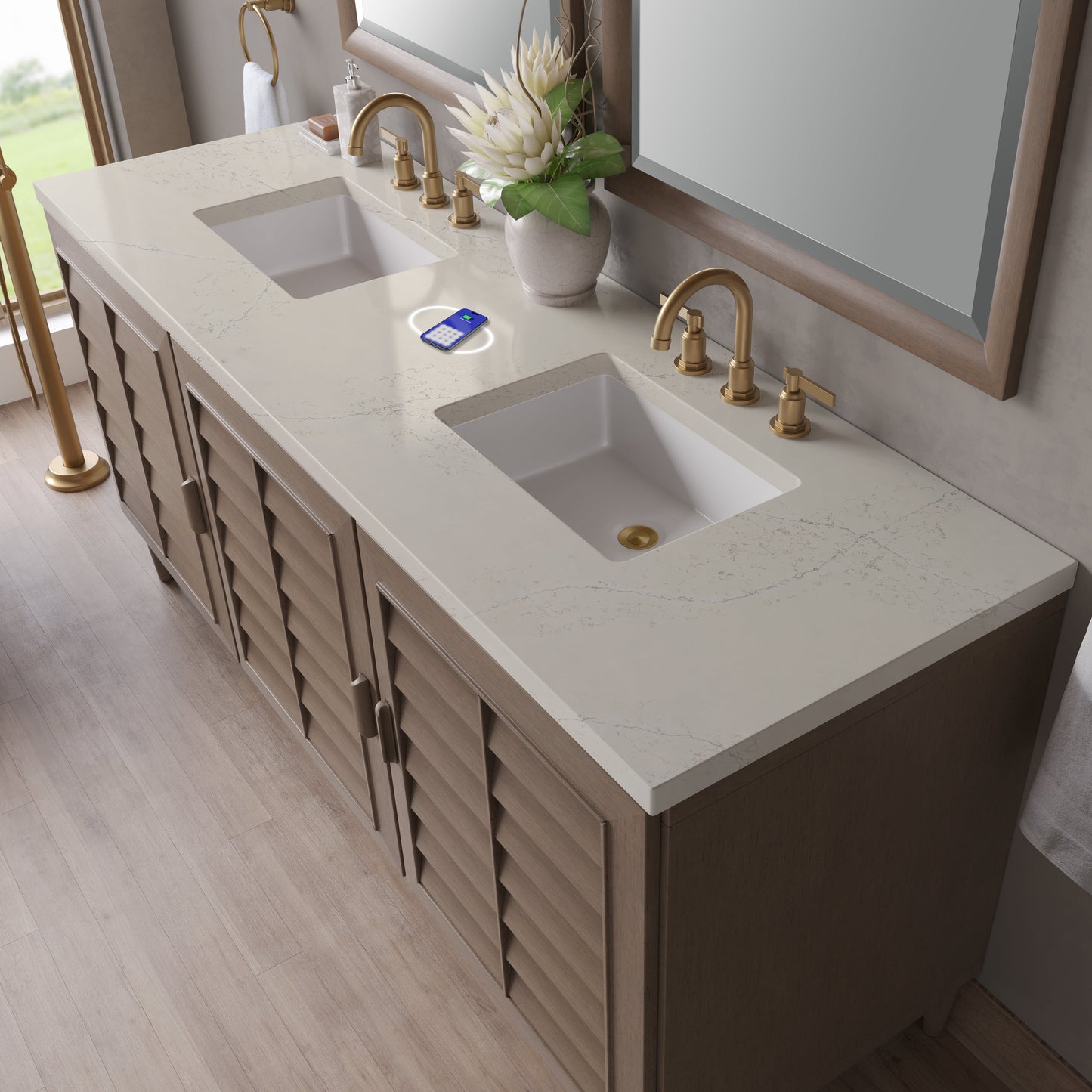 
                  
                    Portland 72" Double Bathroom Vanity in Whitewashed Walnut Double bathroom Vanity James Martin Vanities FreePower-Enabled Siberian Silestone 
                  
                