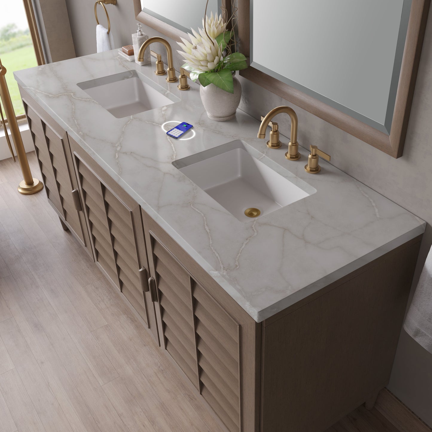 
                  
                    Portland 72" Double Bathroom Vanity in Whitewashed Walnut Double bathroom Vanity James Martin Vanities FreePower-Enabled Victorian Silver Silestone 
                  
                