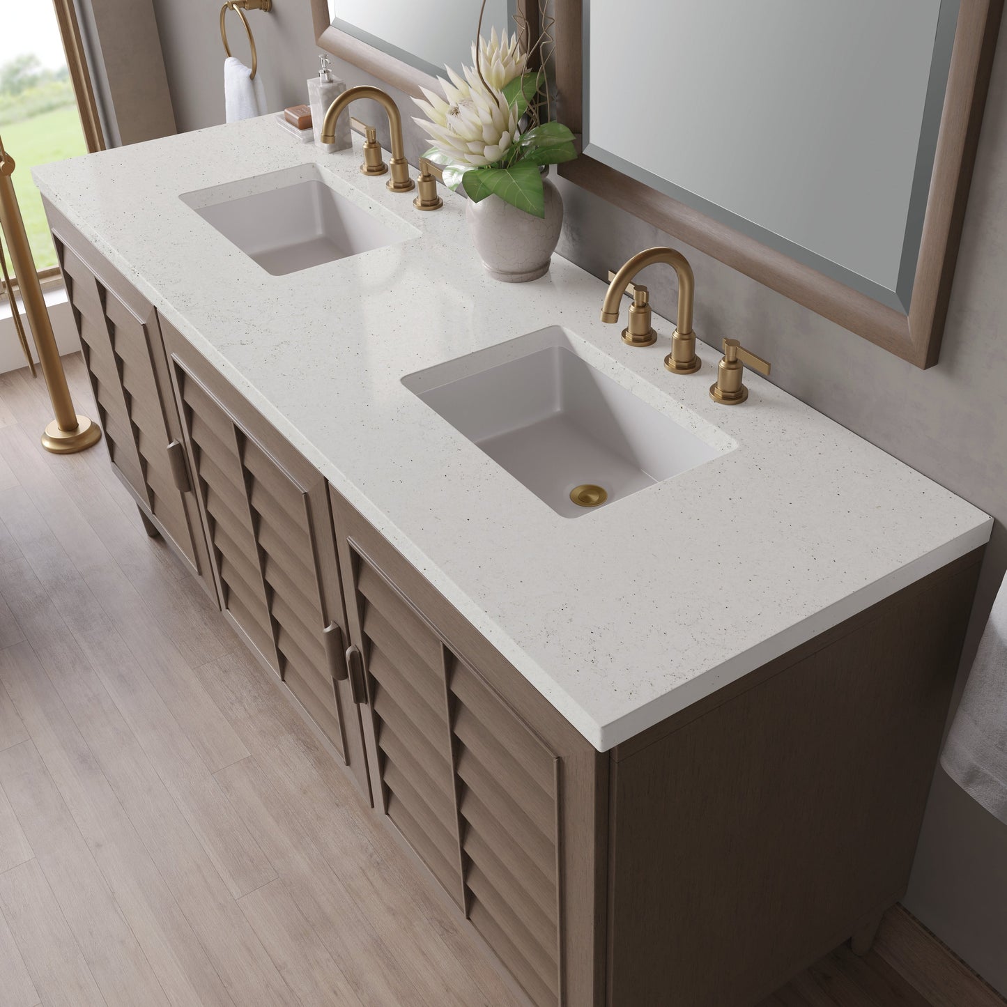 
                  
                    Portland 72" Double Bathroom Vanity in Whitewashed Walnut Double bathroom Vanity James Martin Vanities Lime Delight Silestone 
                  
                