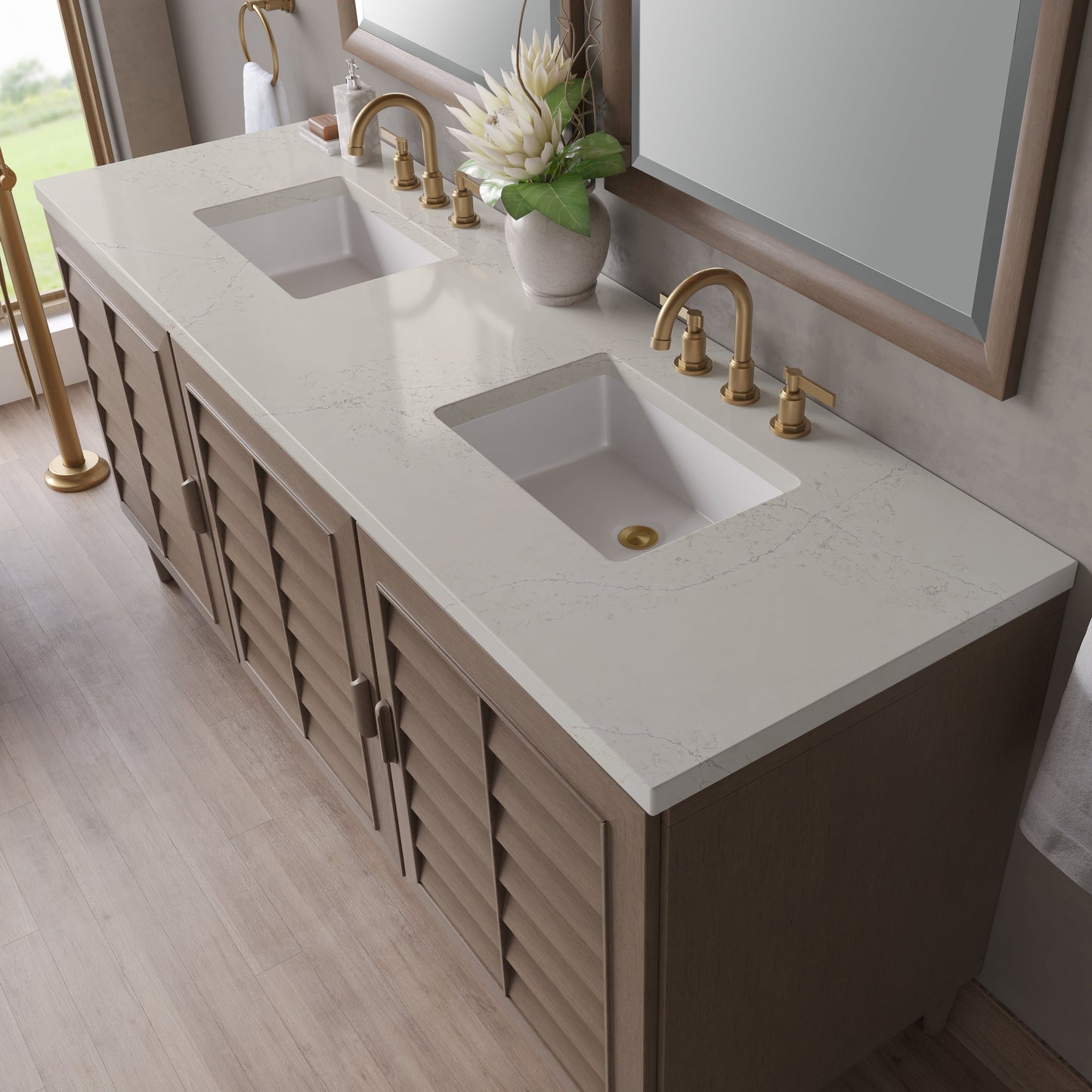 
                  
                    Portland 72" Double Bathroom Vanity in Whitewashed Walnut Double bathroom Vanity James Martin Vanities Siberian Silestone 
                  
                