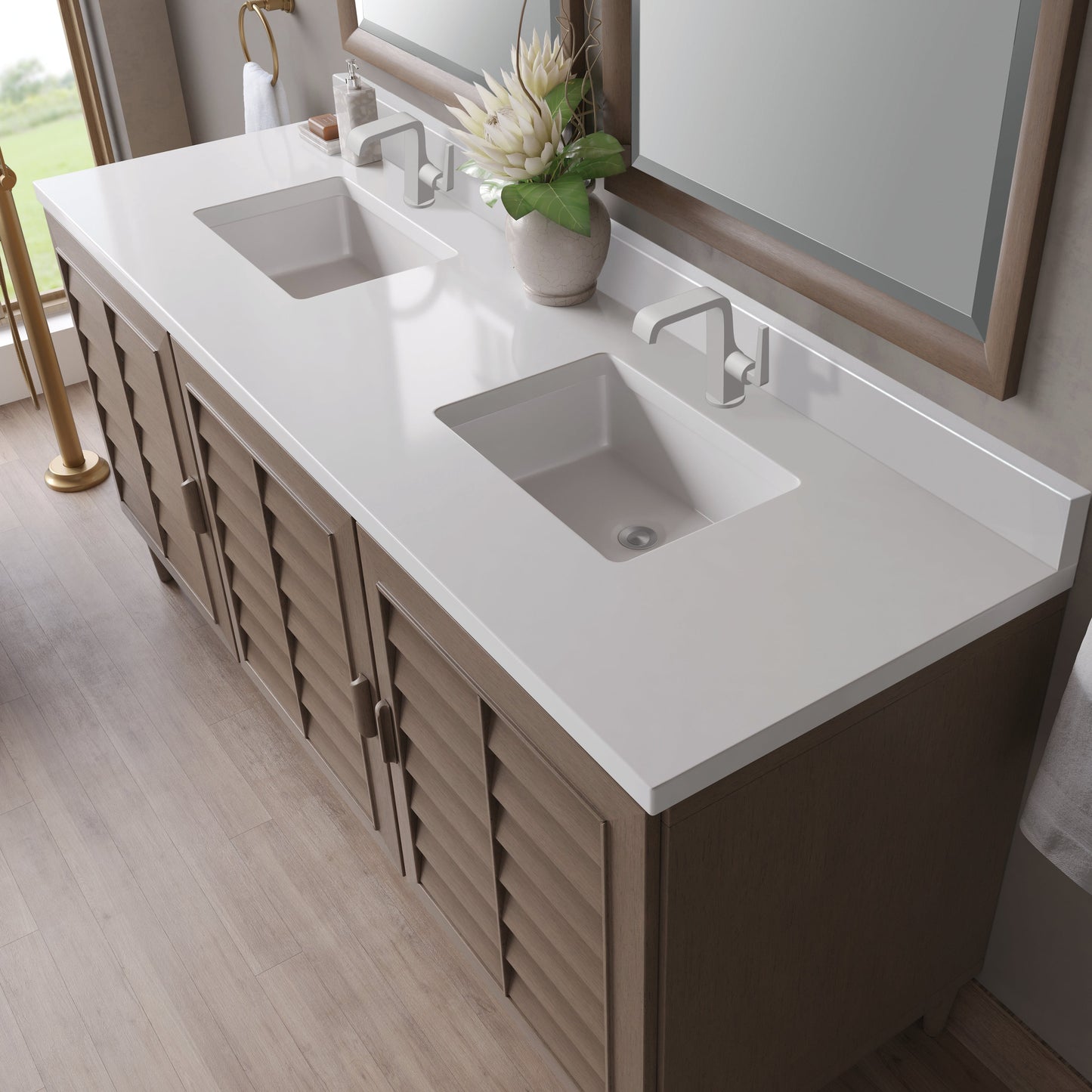 
                  
                    Portland 72" Double Bathroom Vanity in Whitewashed Walnut Double bathroom Vanity James Martin Vanities White Zeus Silestone Single-Hole Faucet Top w/Backsplash 
                  
                