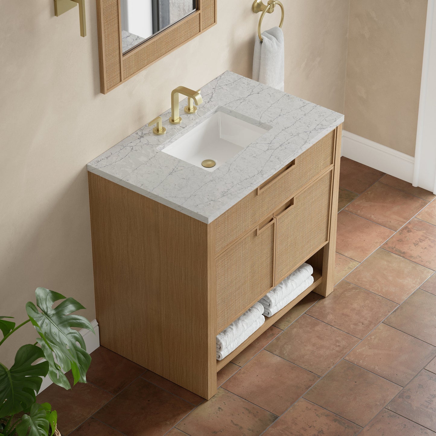 
                  
                    Solene 36" Single Vanity in Seaside Oak Single Bathroom Vanity James Martin Vanities Eternal Jasmine Pearl Silestone 
                  
                