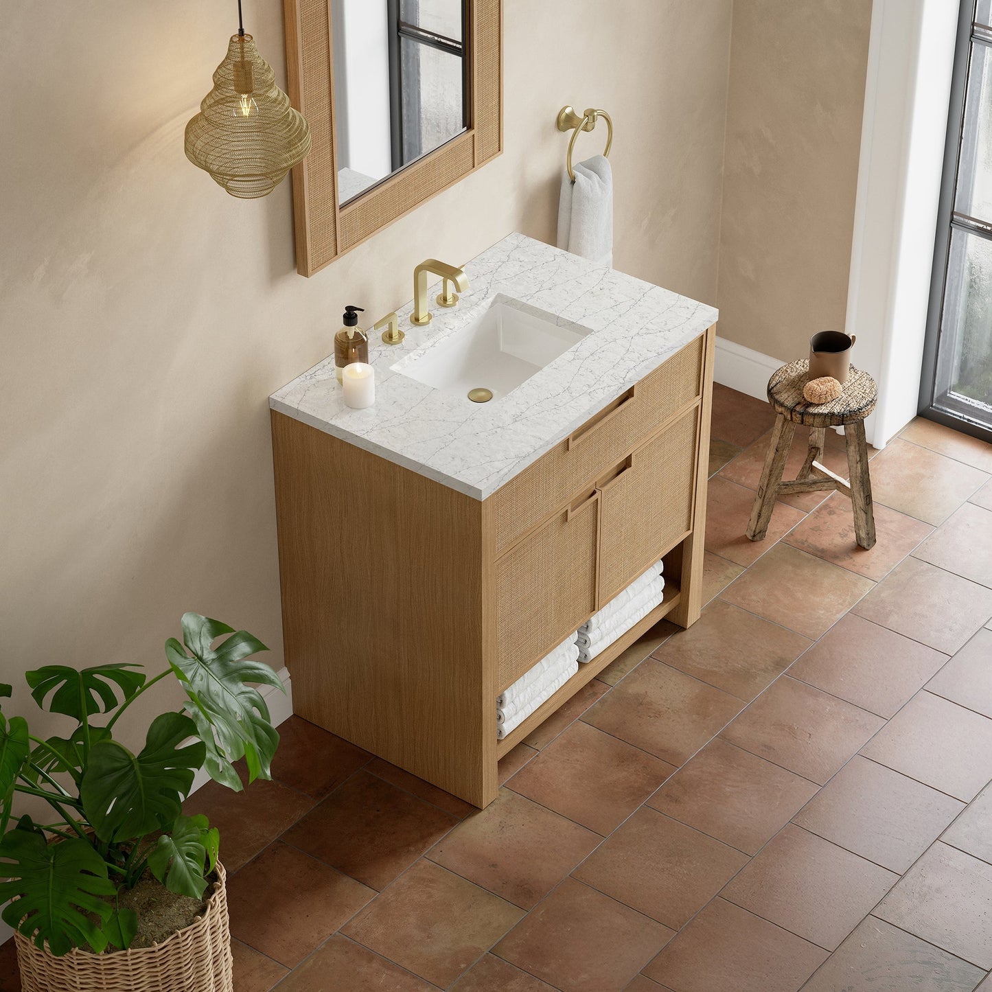 
                  
                    Solene 36" Single Vanity in Seaside Oak Single Bathroom Vanity James Martin Vanities Eternal Jasmine Pearl Silestone 
                  
                