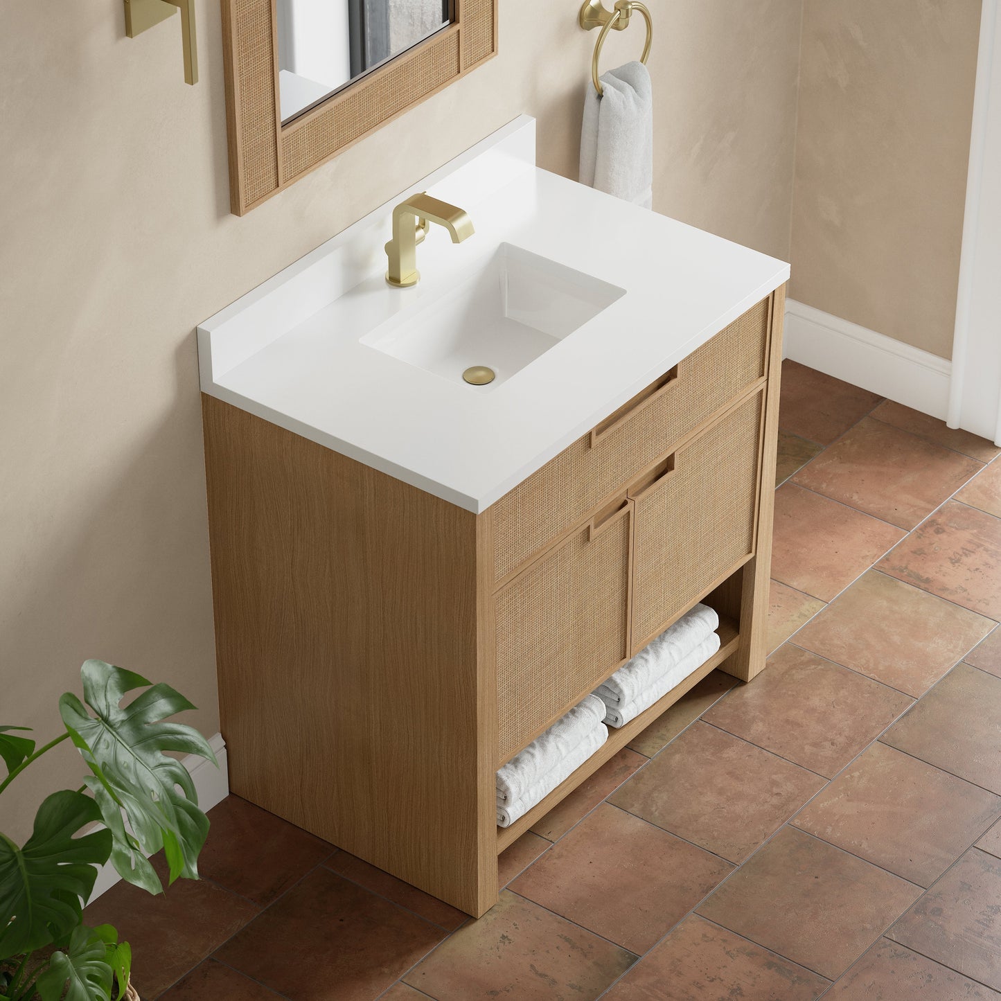 
                  
                    Solene 36" Single Vanity in Seaside Oak Single Bathroom Vanity James Martin Vanities White Zeus Silestone Single-Hole Faucet w/Backsplash 
                  
                
