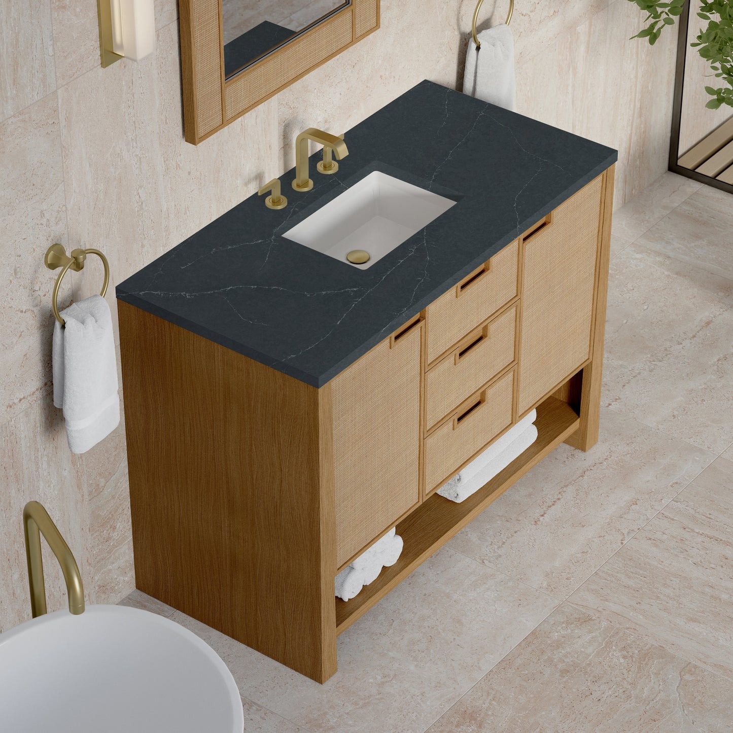 
                  
                    Solene 48" Single Vanity in Seaside Oak Single Bathroom Vanity James Martin Vanities Charcoal Soapstone Silestone 
                  
                