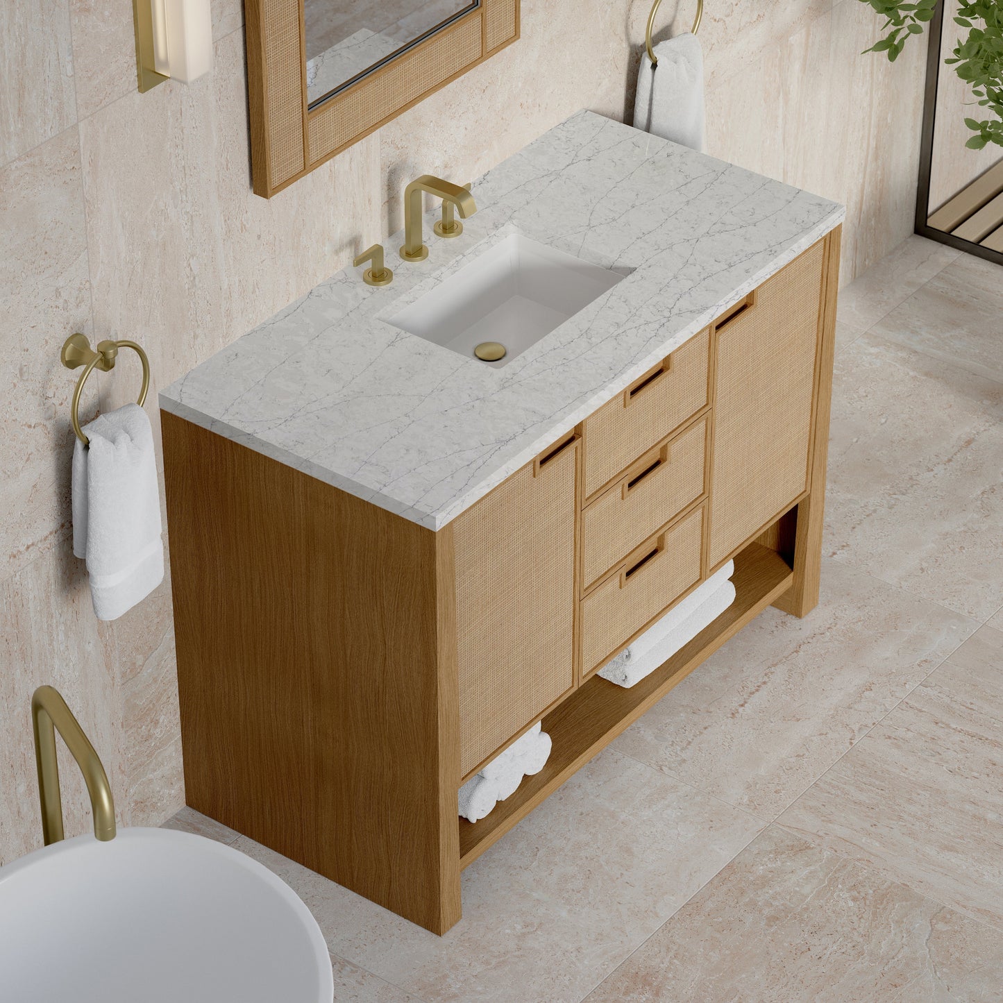 
                  
                    Solene 48" Single Vanity in Seaside Oak Single Bathroom Vanity James Martin Vanities Eternal Jasmine Pearl Silestone 
                  
                