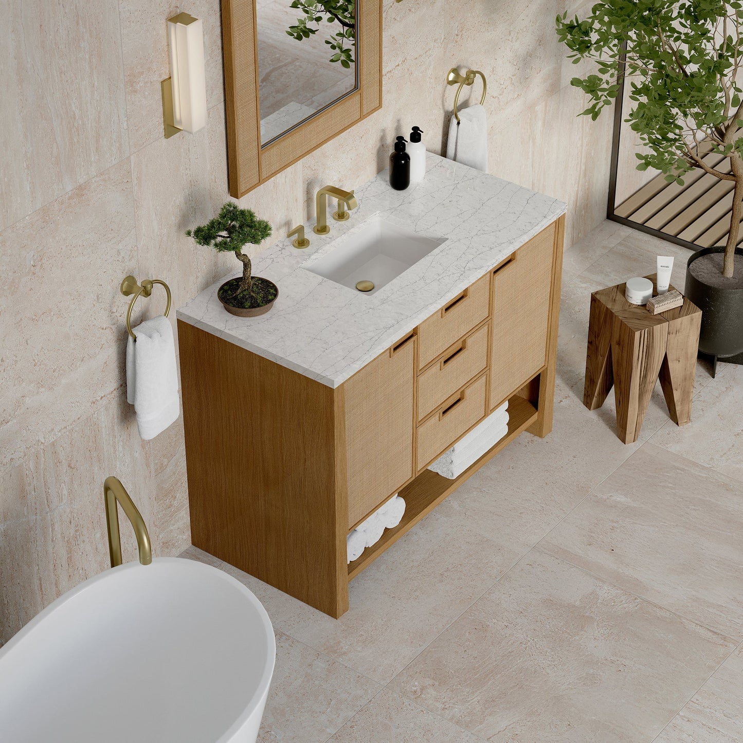 
                  
                    Solene 48" Single Vanity in Seaside Oak Single Bathroom Vanity James Martin Vanities Eternal Jasmine Pearl Silestone 
                  
                